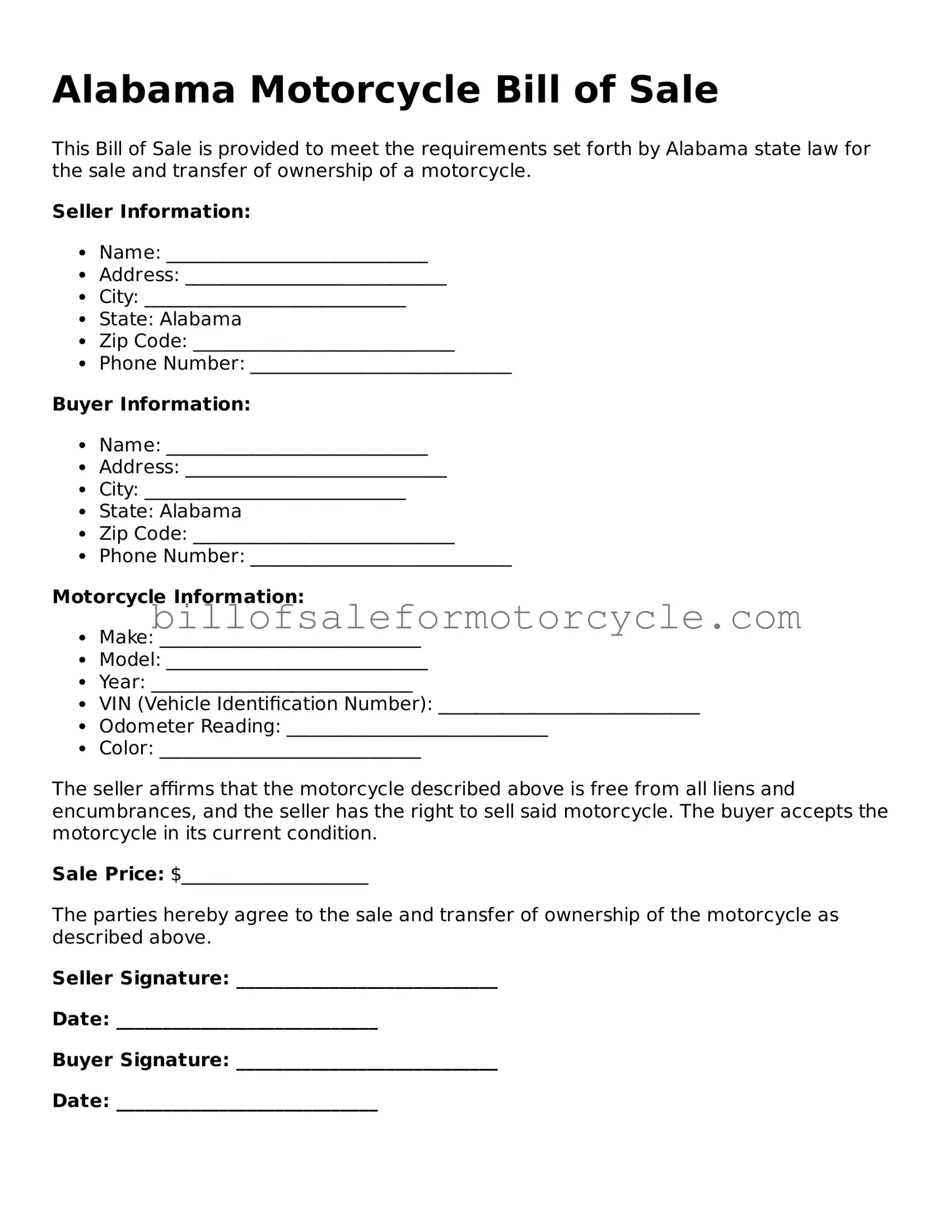 Attorney-Verified  Motorcycle Bill of Sale Template for Alabama
