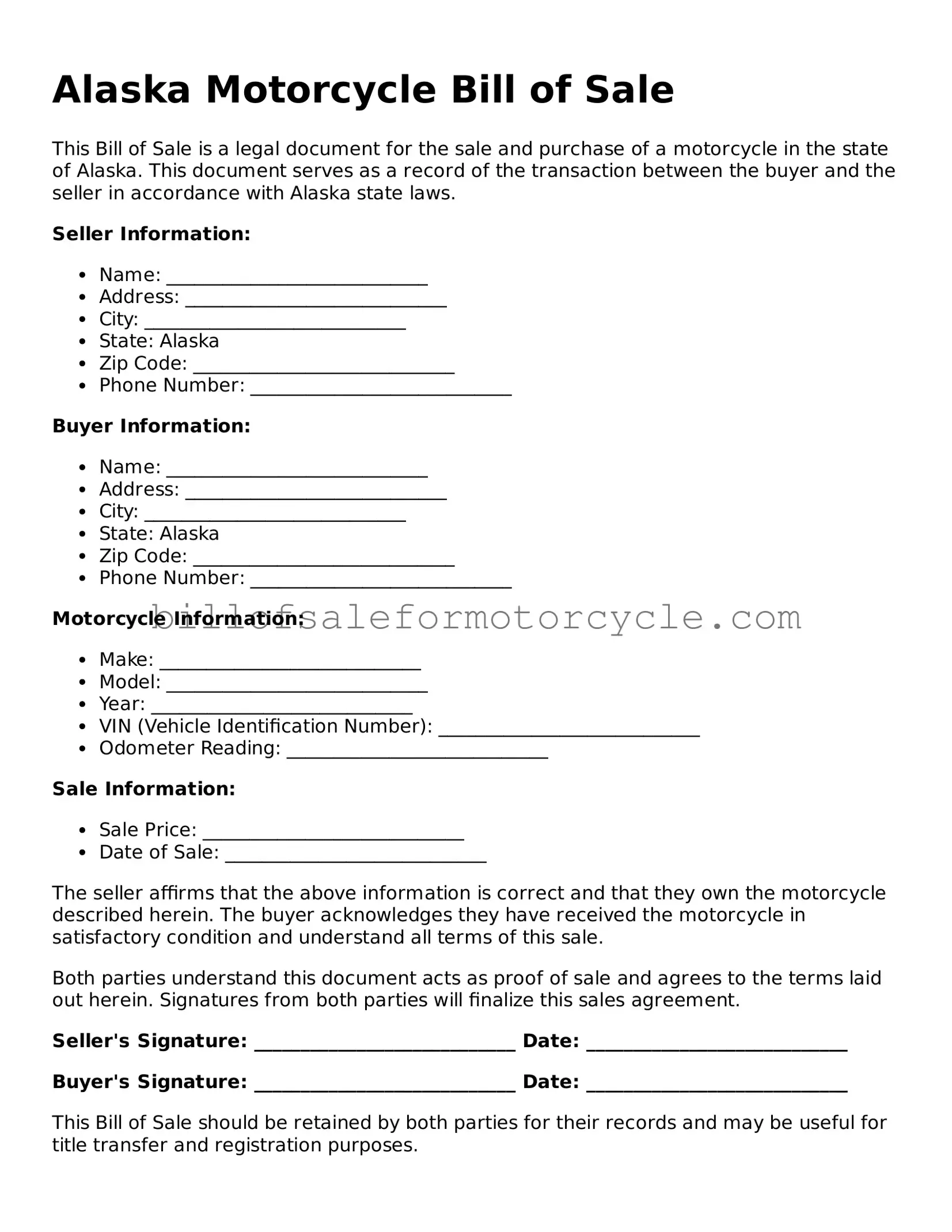 Attorney-Verified  Motorcycle Bill of Sale Template for Alaska