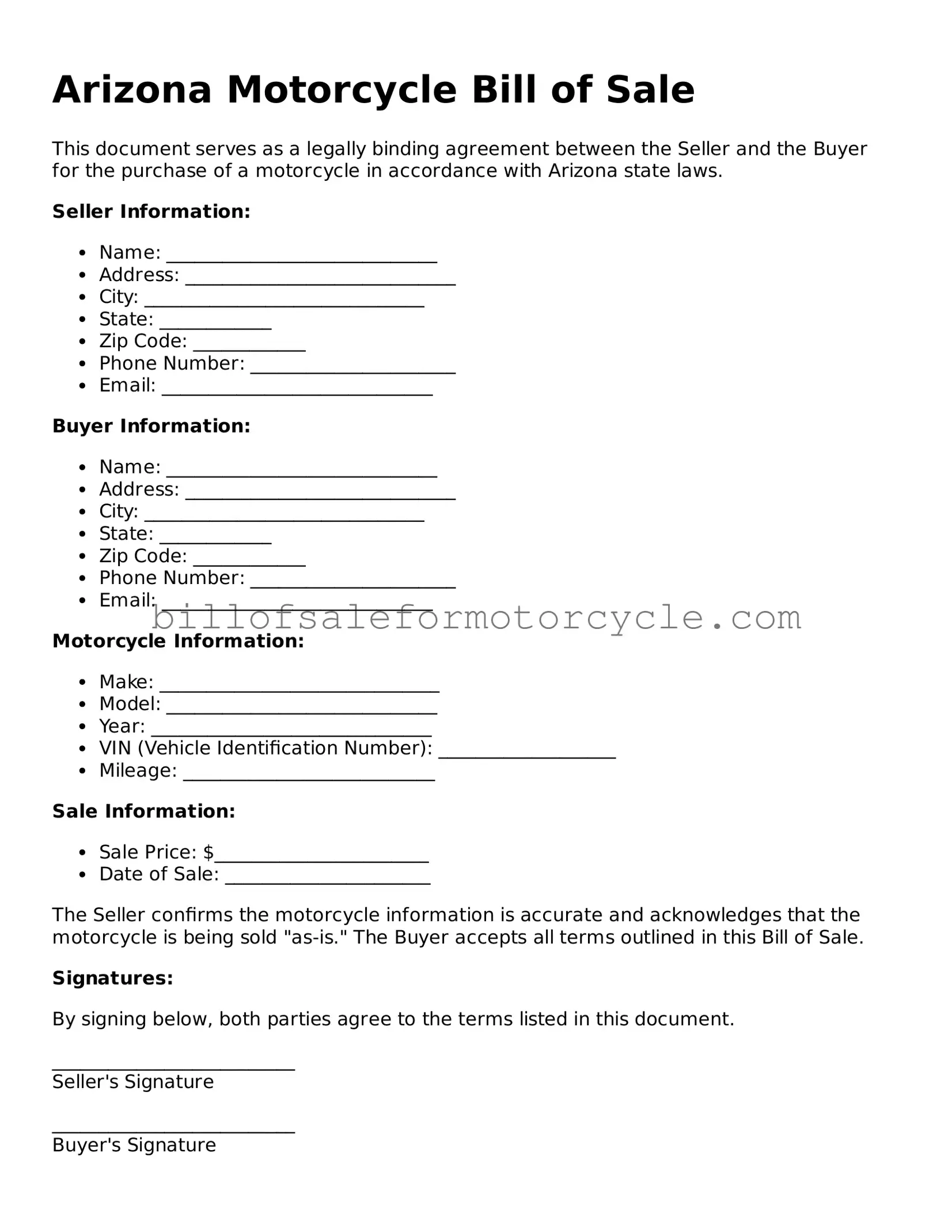 Attorney-Verified  Motorcycle Bill of Sale Template for Arizona