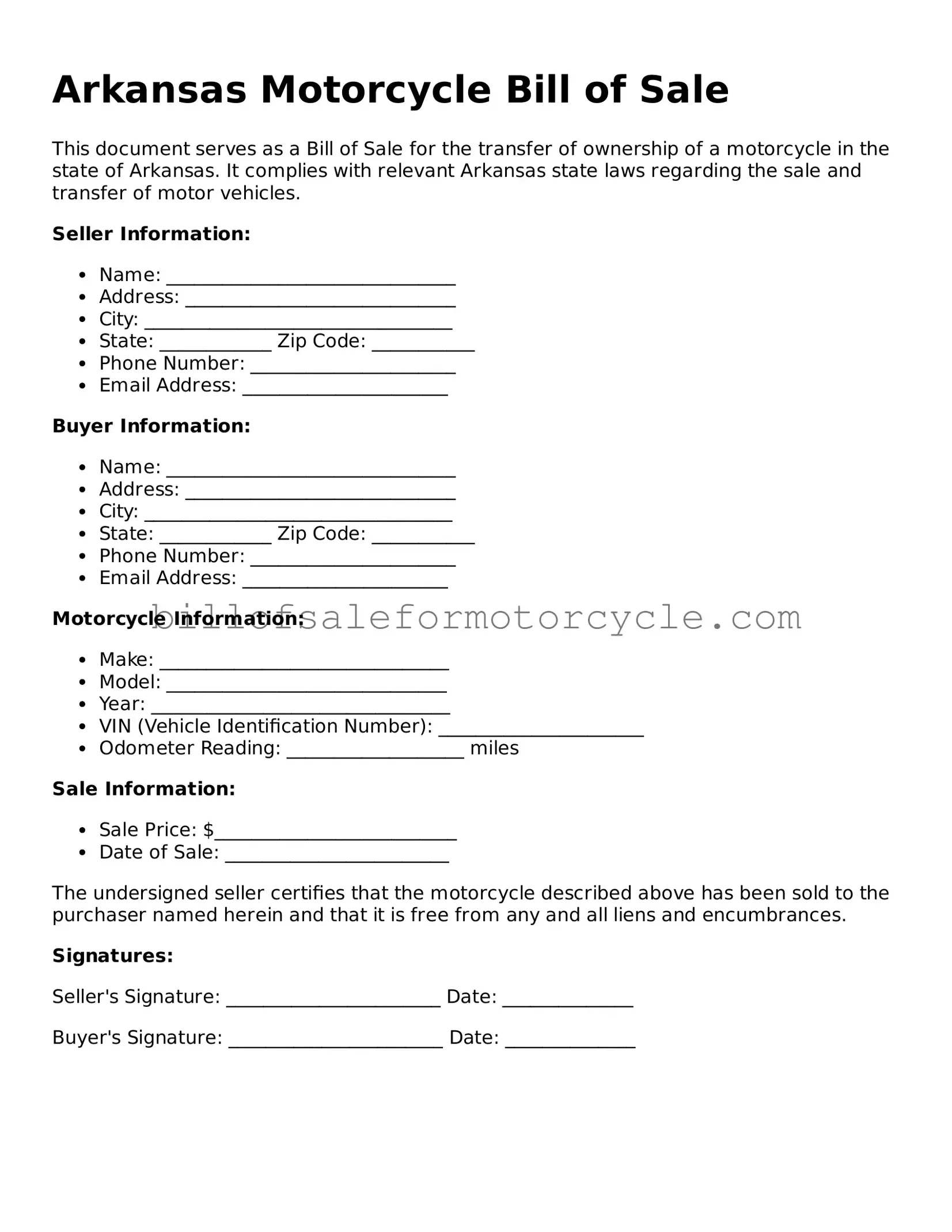 Attorney-Verified  Motorcycle Bill of Sale Template for Arkansas