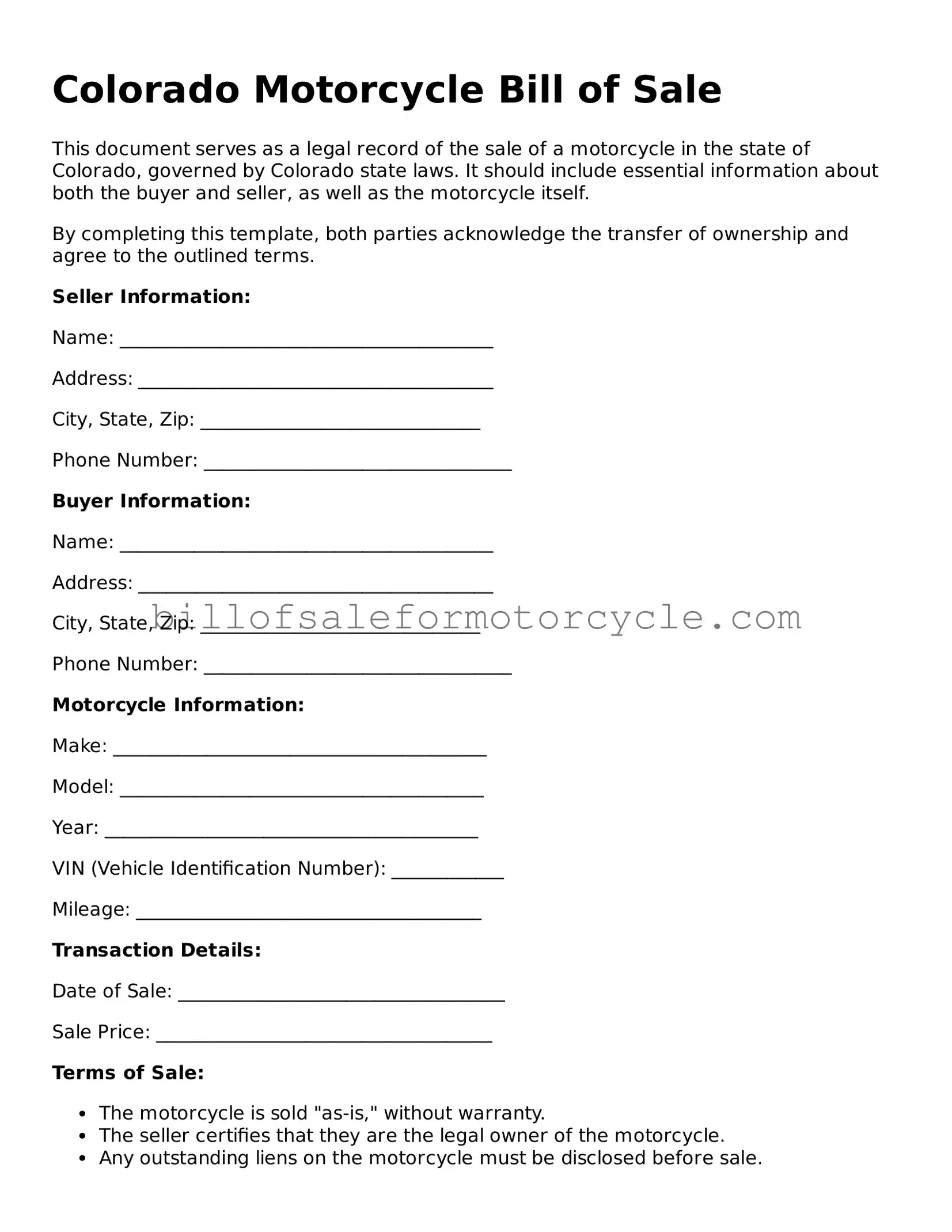 Attorney-Verified  Motorcycle Bill of Sale Template for Colorado