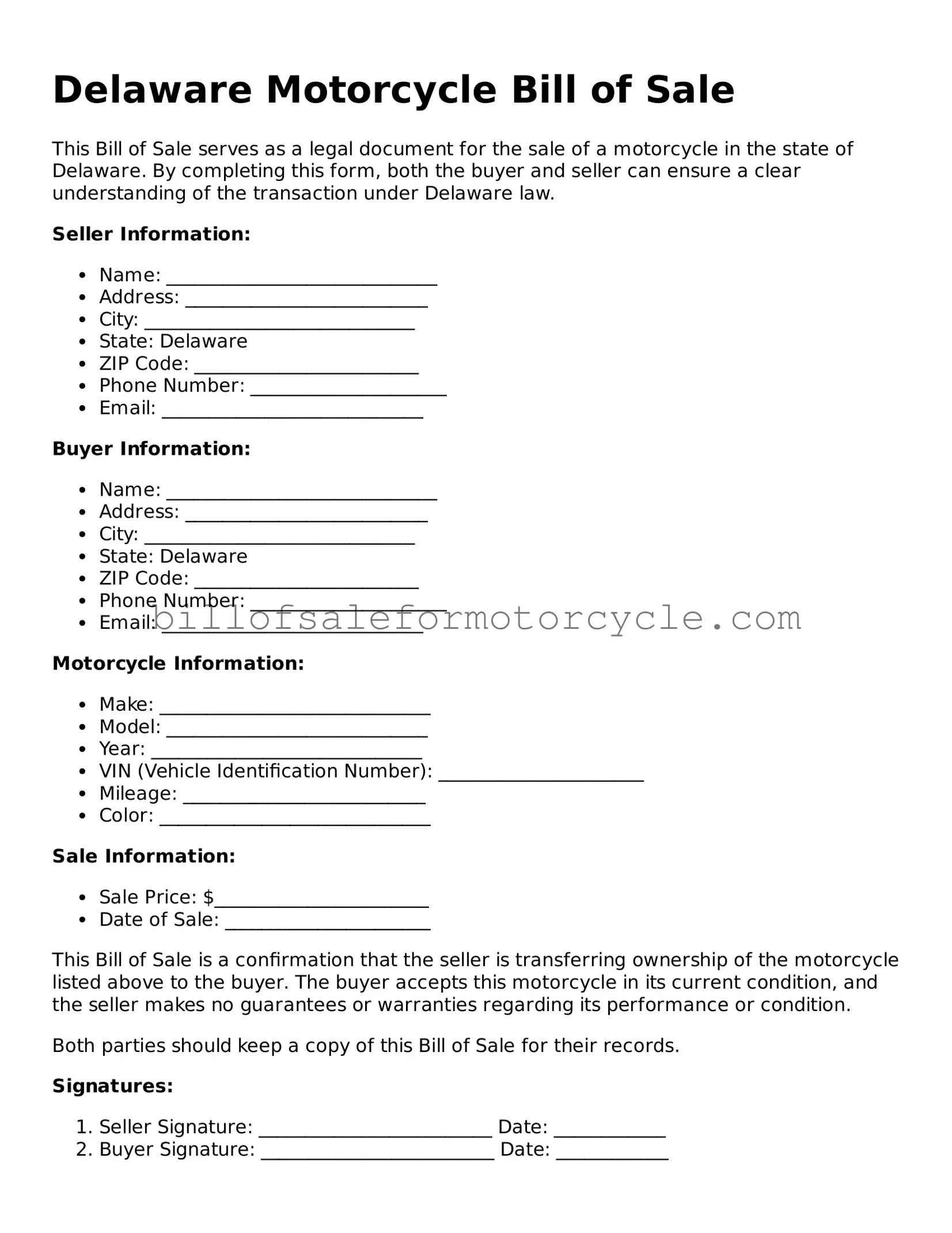 Attorney-Verified  Motorcycle Bill of Sale Template for Delaware
