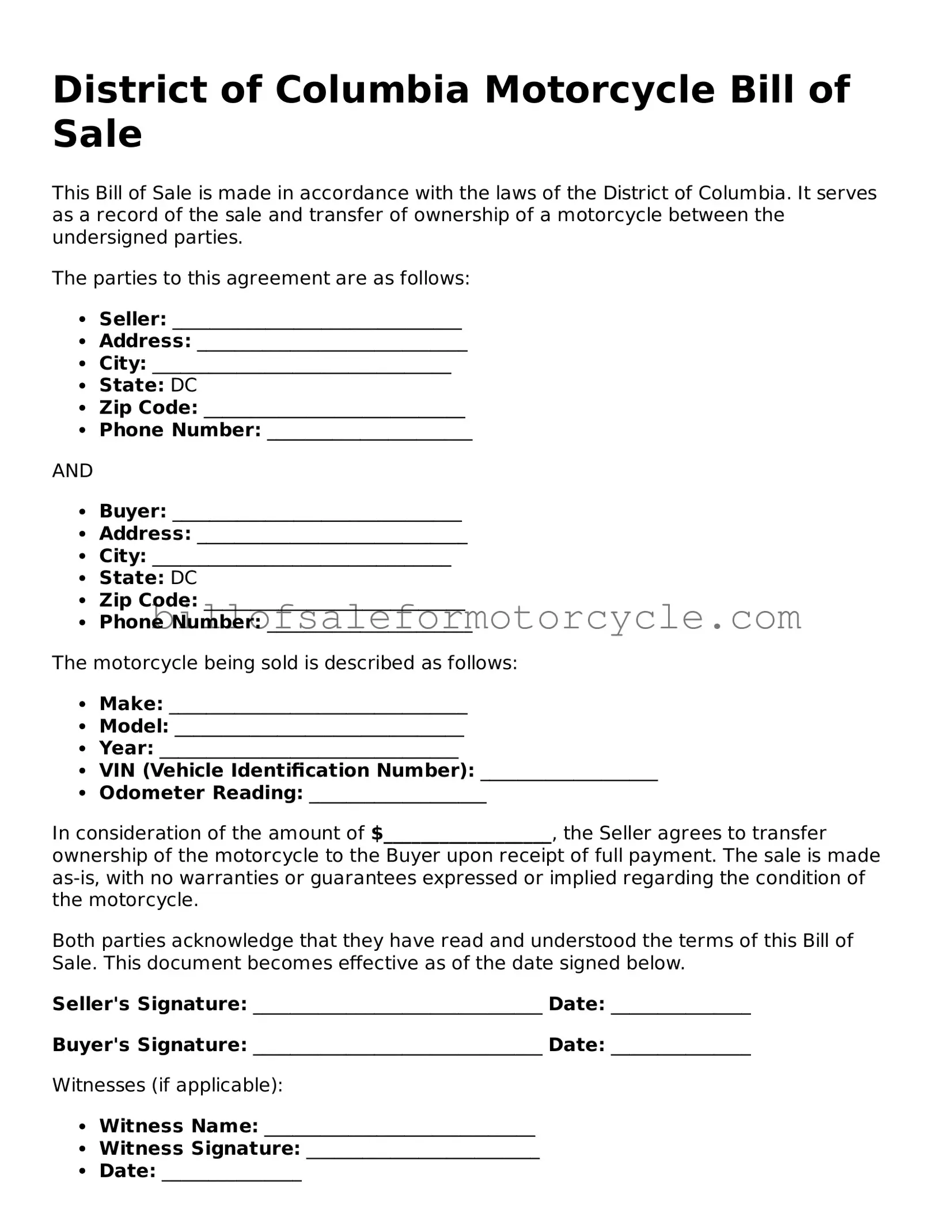 Attorney-Verified  Motorcycle Bill of Sale Template for District of Columbia