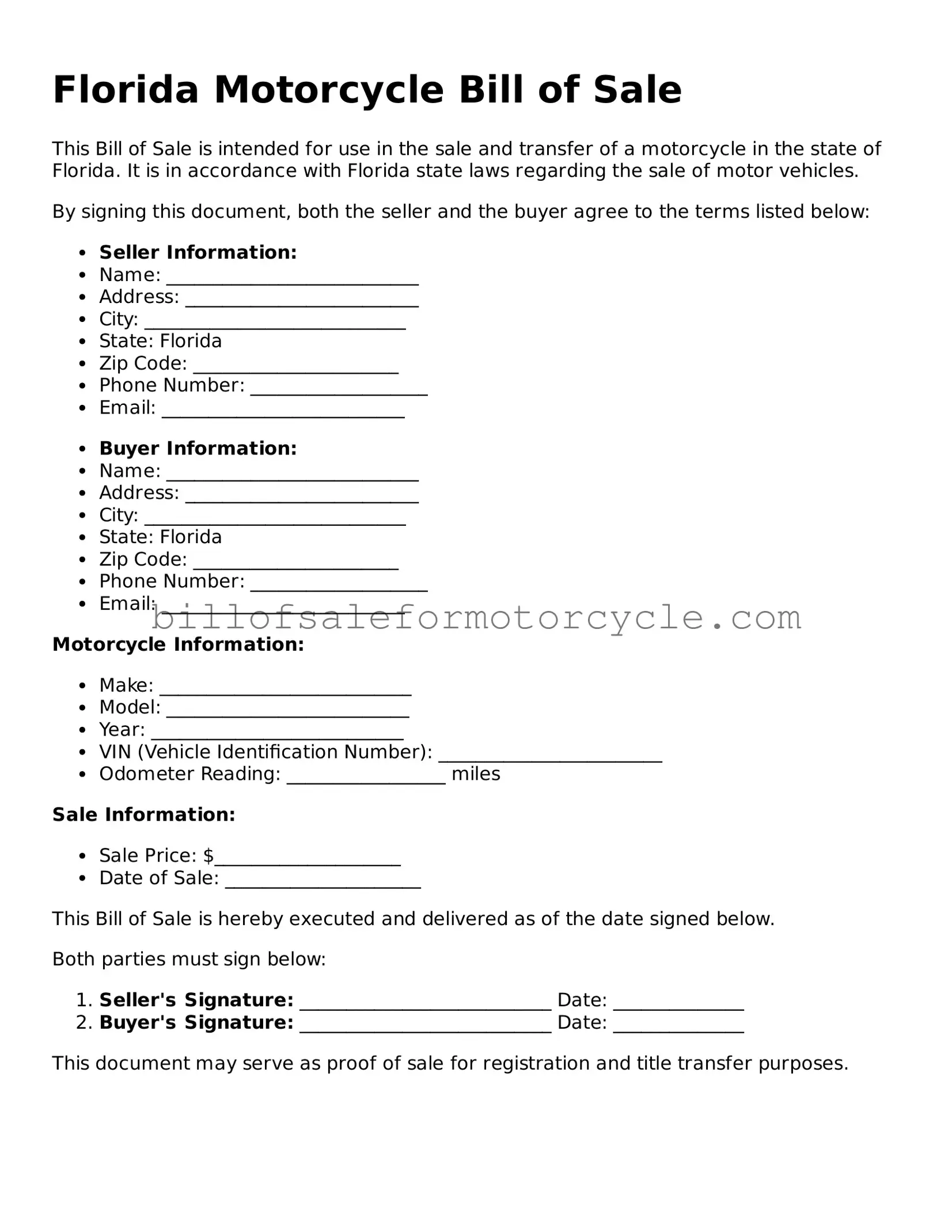 Attorney-Verified  Motorcycle Bill of Sale Template for Florida