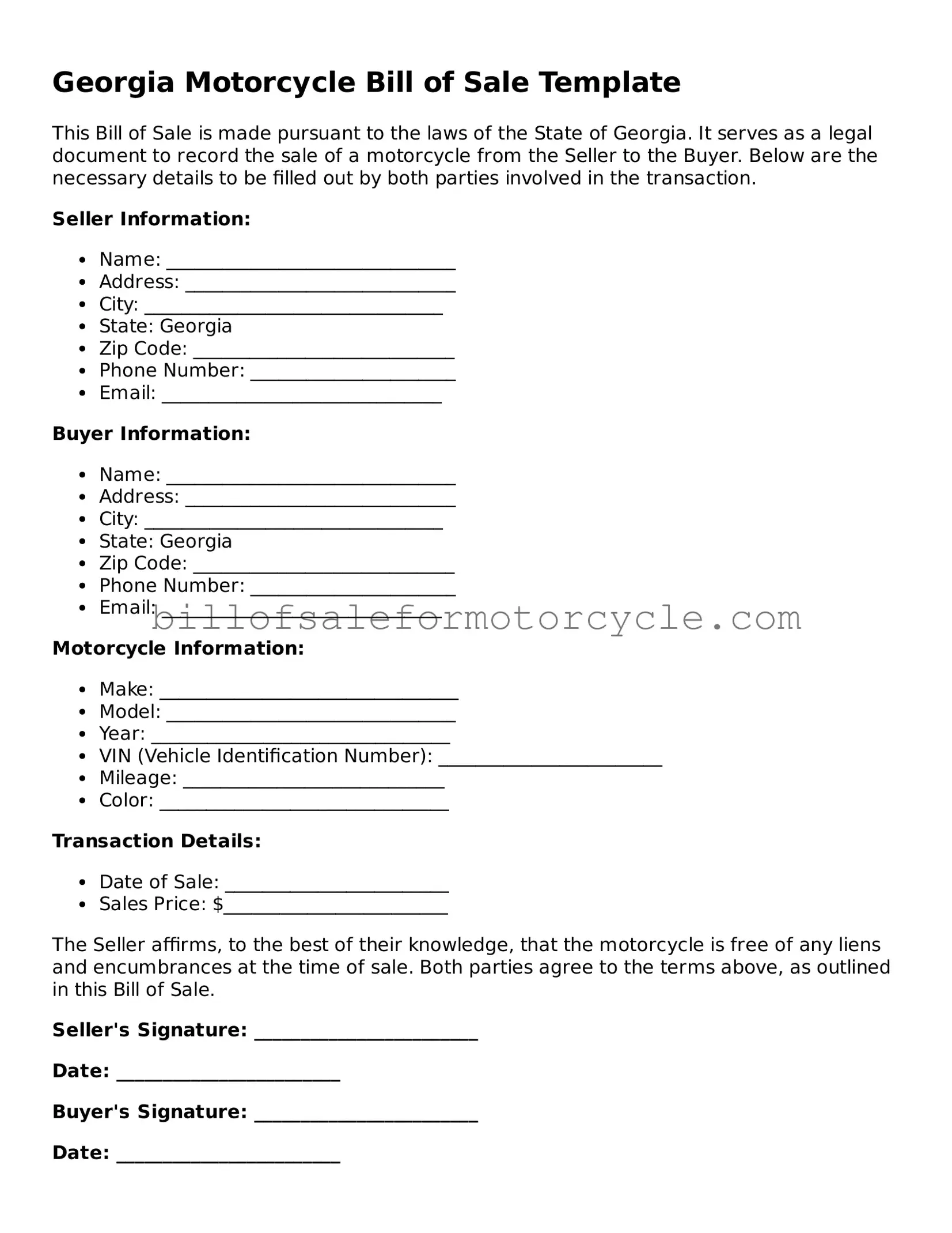 Attorney-Verified  Motorcycle Bill of Sale Template for Georgia