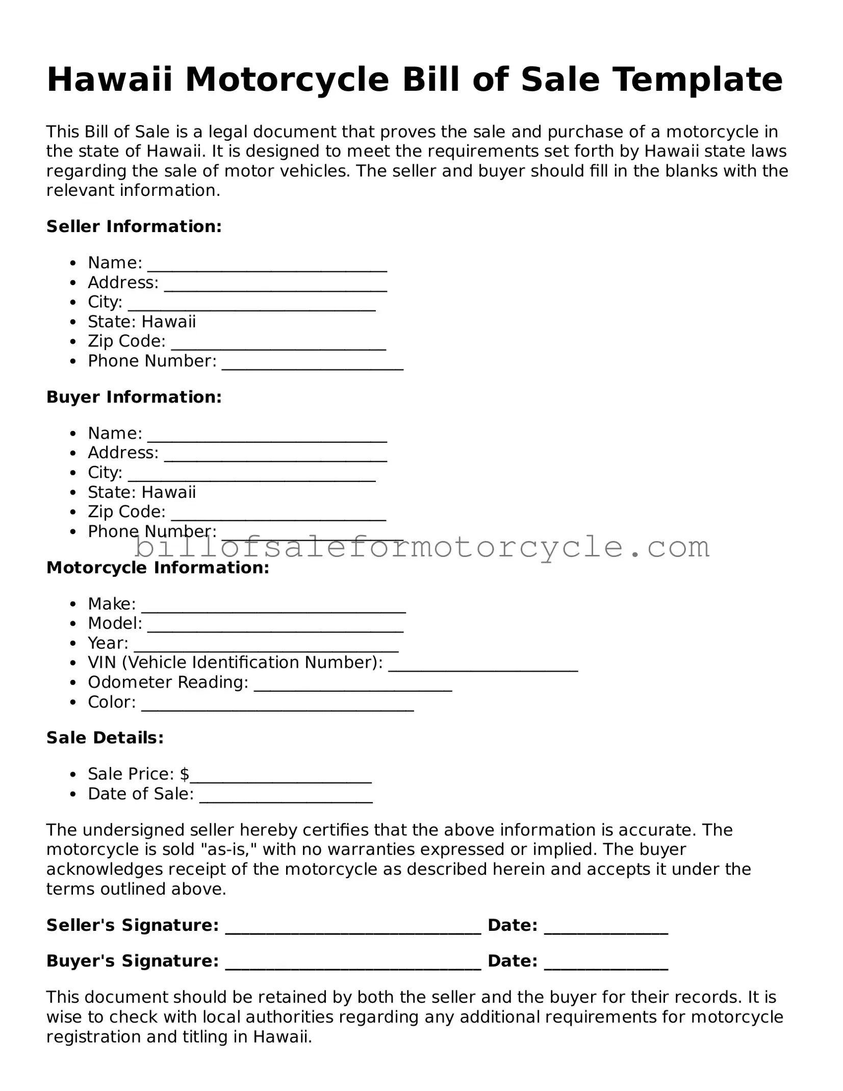 Attorney-Verified  Motorcycle Bill of Sale Template for Hawaii