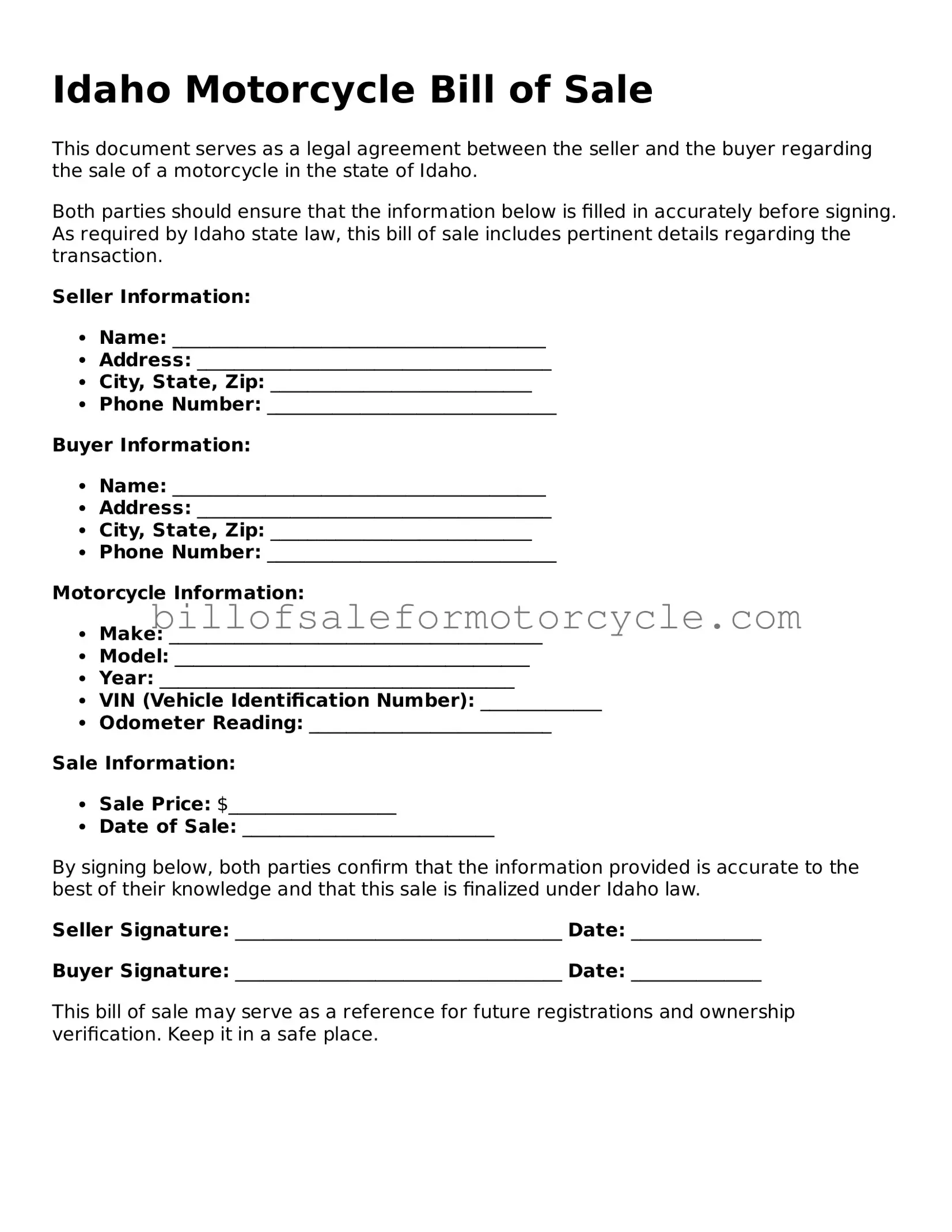 Attorney-Verified  Motorcycle Bill of Sale Template for Idaho