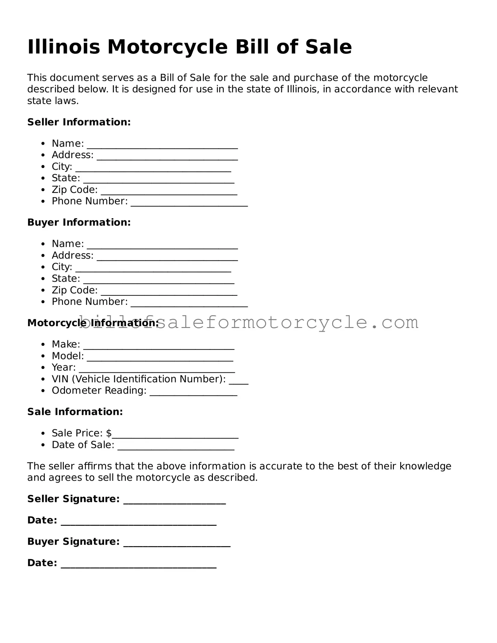 Attorney-Verified  Motorcycle Bill of Sale Template for Illinois