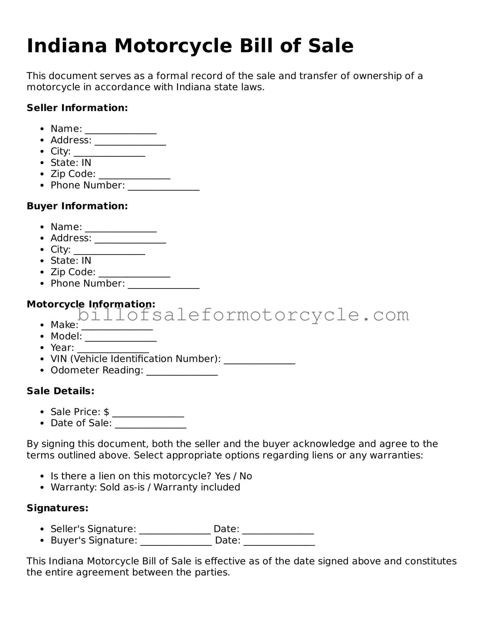 Attorney-Verified  Motorcycle Bill of Sale Template for Indiana