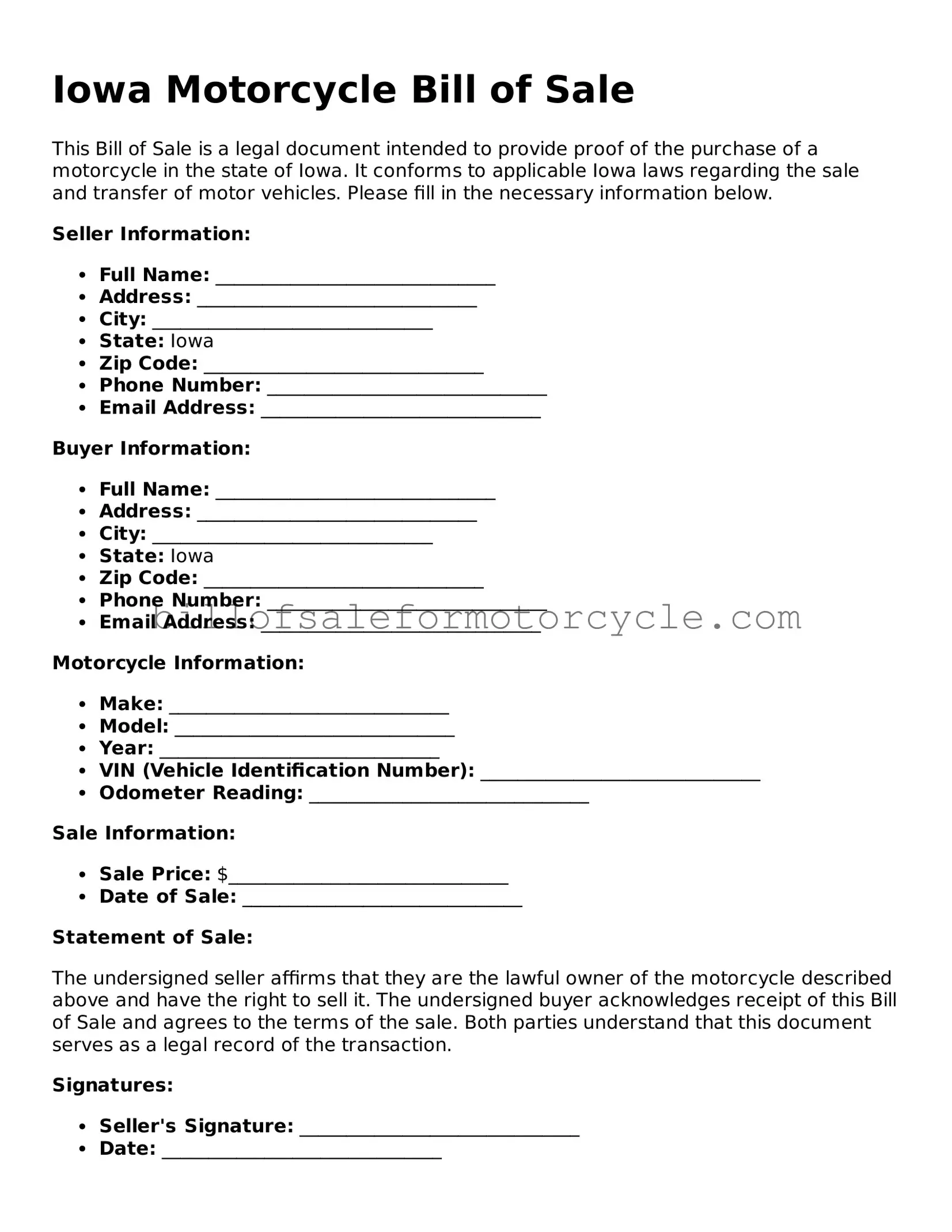 Attorney-Verified  Motorcycle Bill of Sale Template for Iowa
