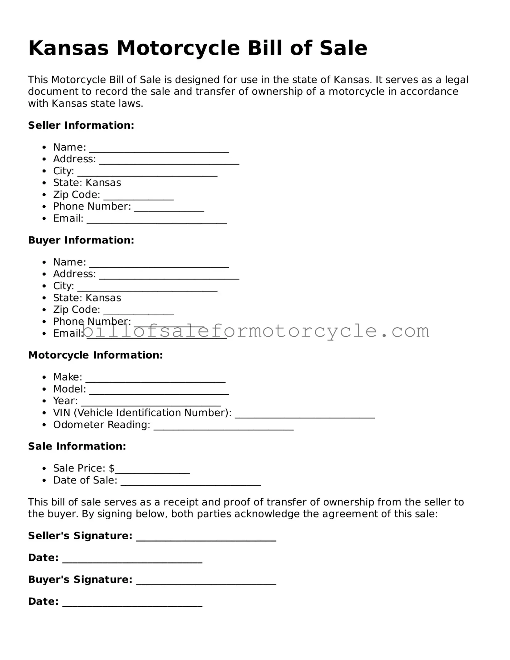 Attorney-Verified  Motorcycle Bill of Sale Template for Kansas