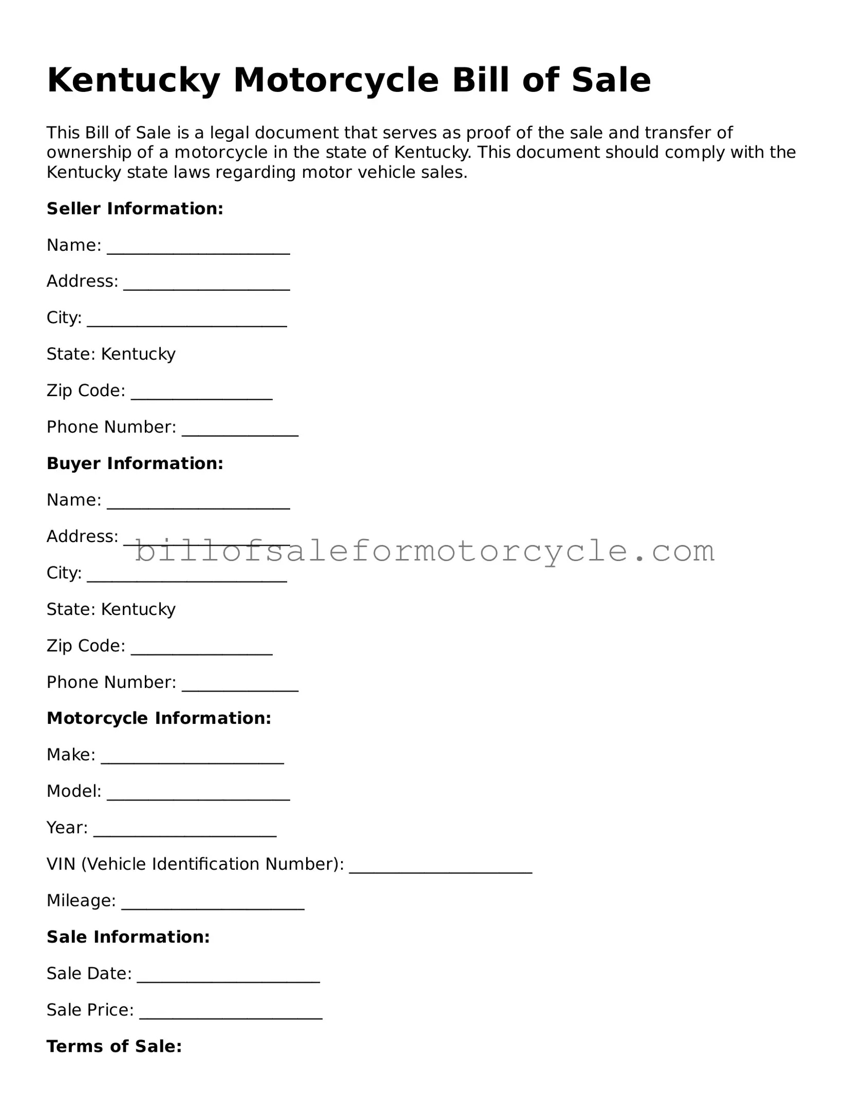 Attorney-Verified  Motorcycle Bill of Sale Template for Kentucky