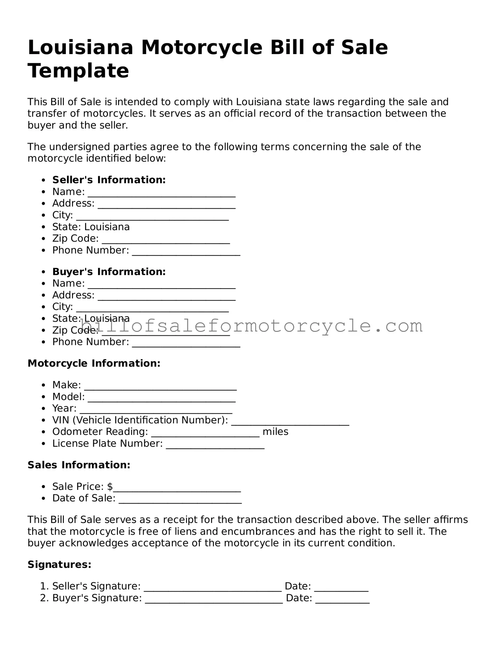Attorney-Verified  Motorcycle Bill of Sale Template for Louisiana