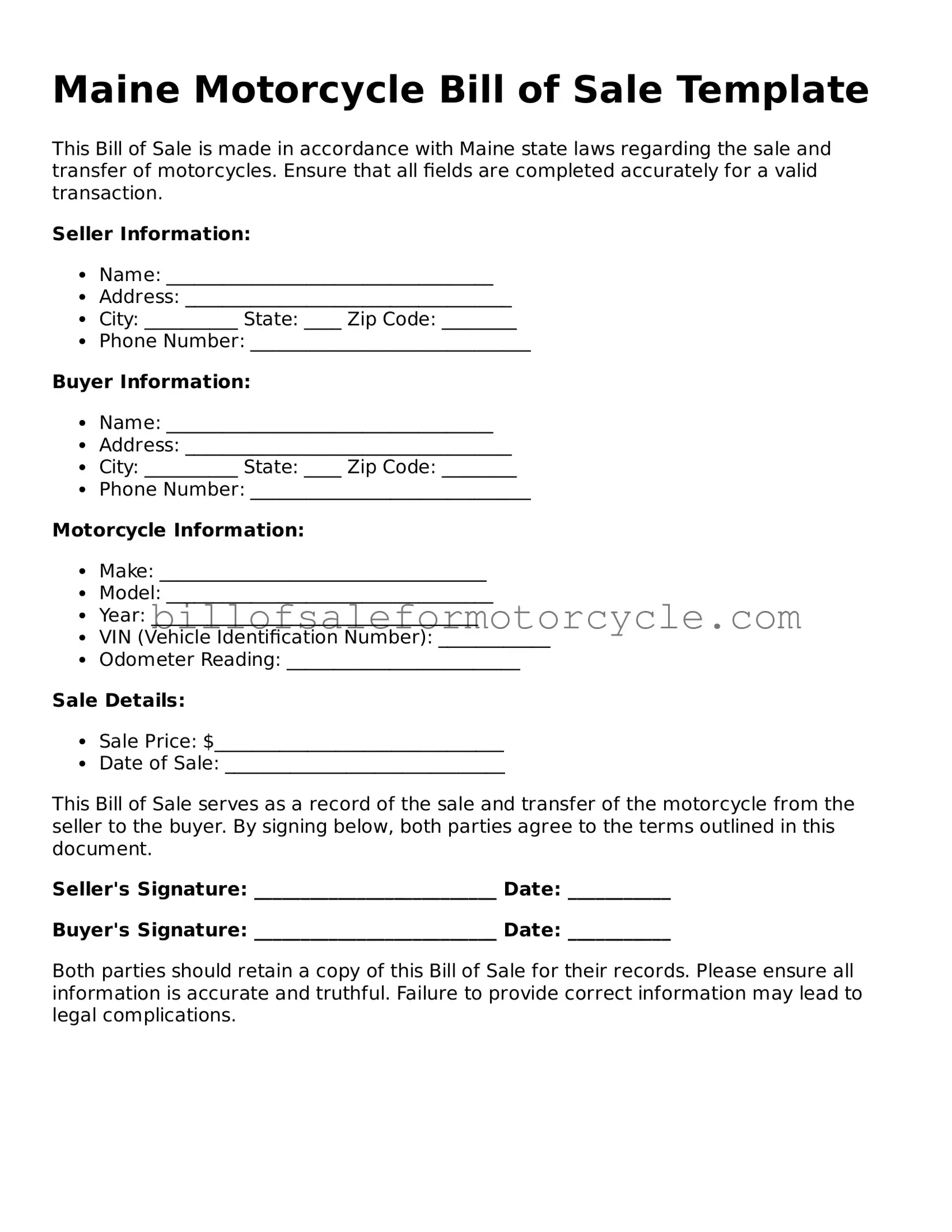Attorney-Verified  Motorcycle Bill of Sale Template for Maine