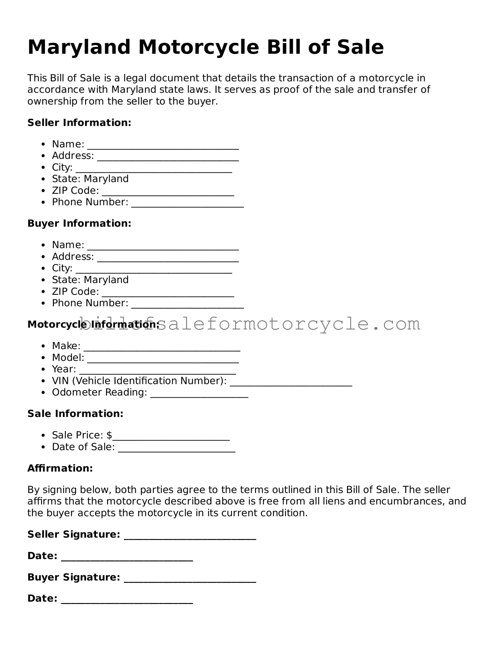 Attorney-Verified  Motorcycle Bill of Sale Template for Maryland