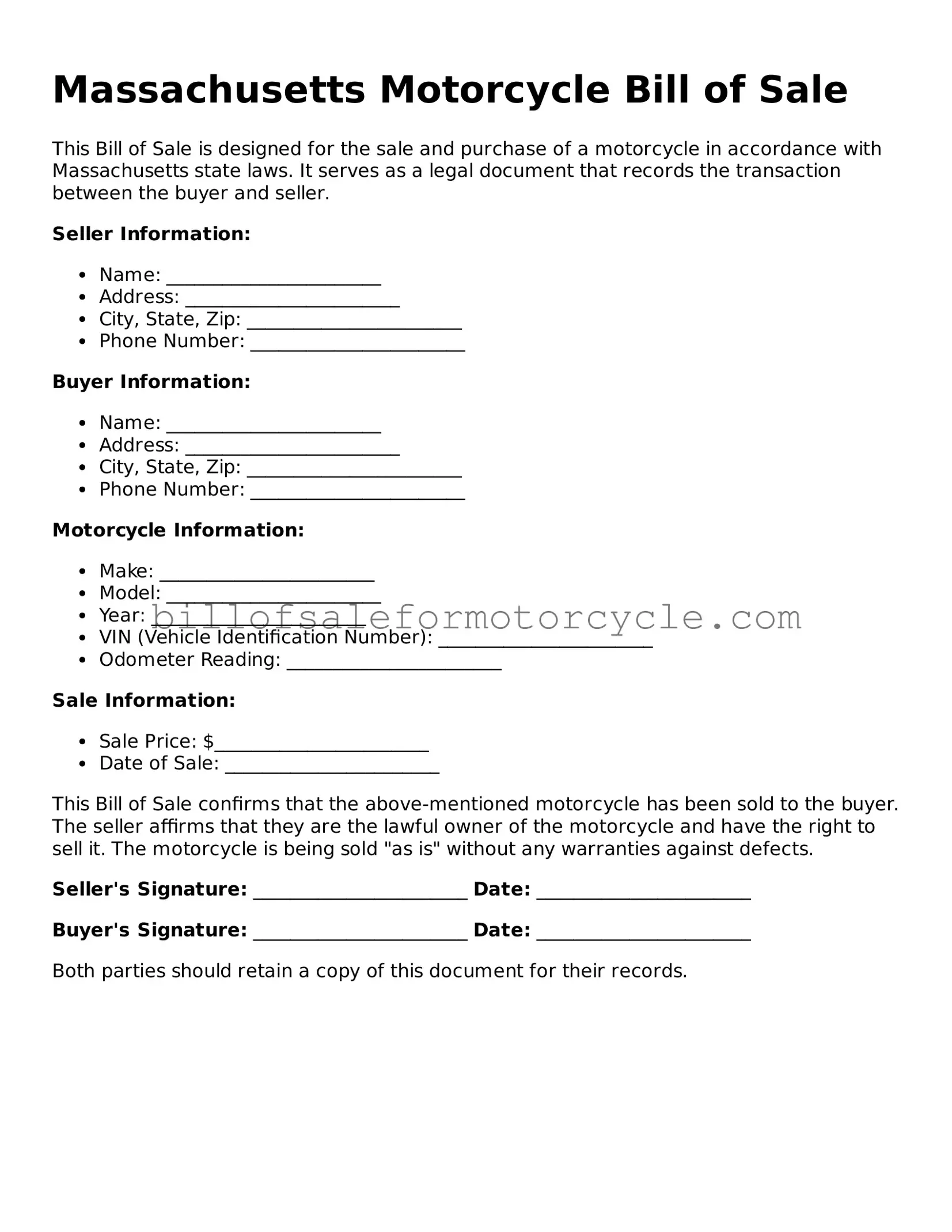 Attorney-Verified  Motorcycle Bill of Sale Template for Massachusetts