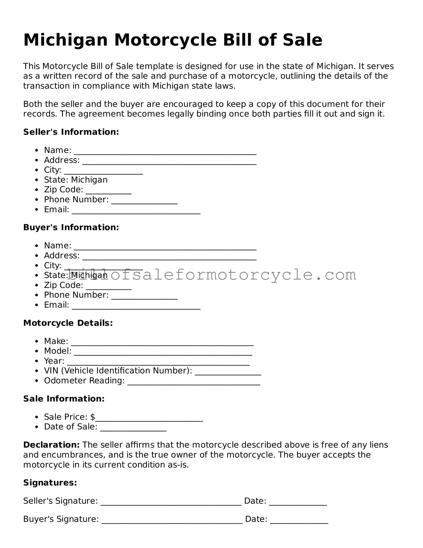 Attorney-Verified  Motorcycle Bill of Sale Template for Michigan