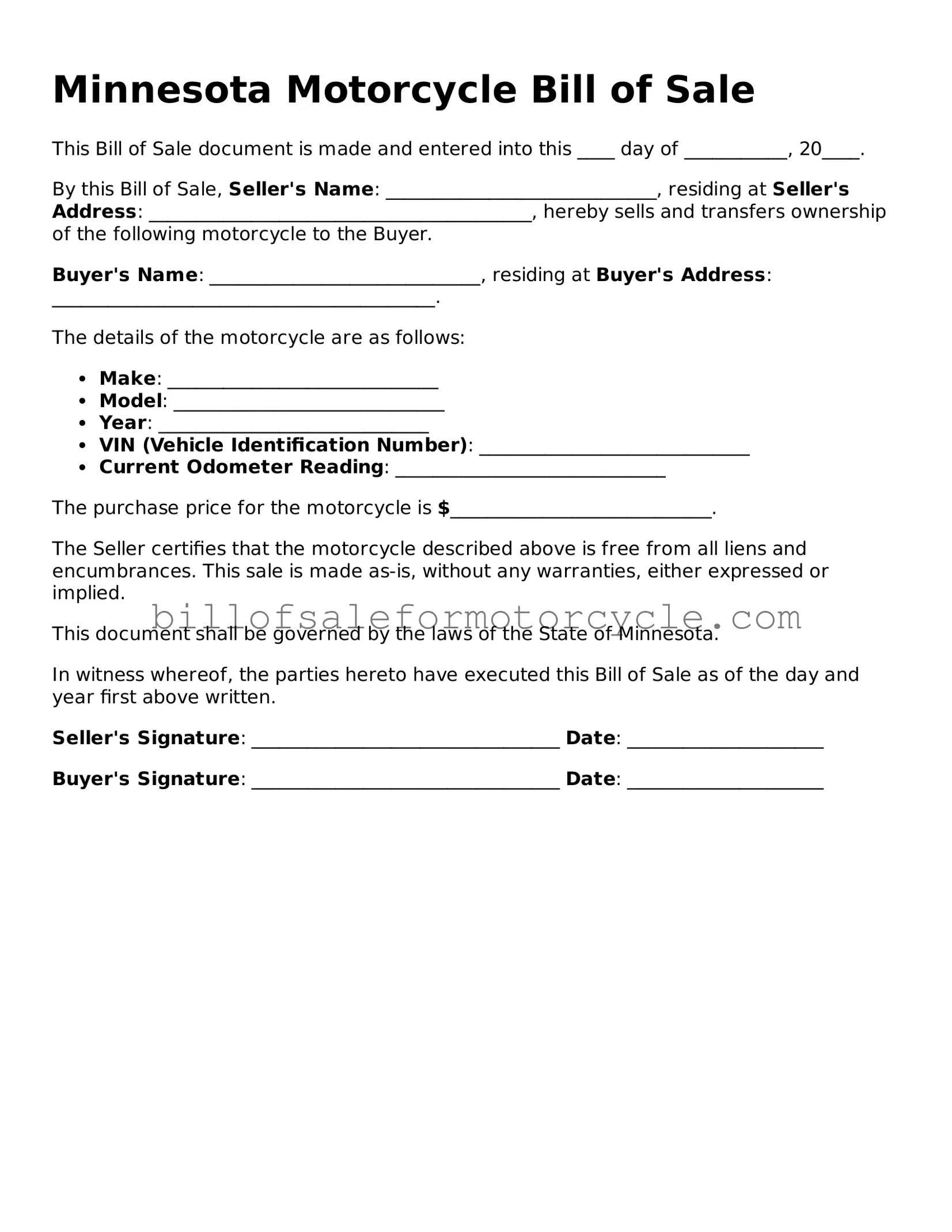 Attorney-Verified  Motorcycle Bill of Sale Template for Minnesota