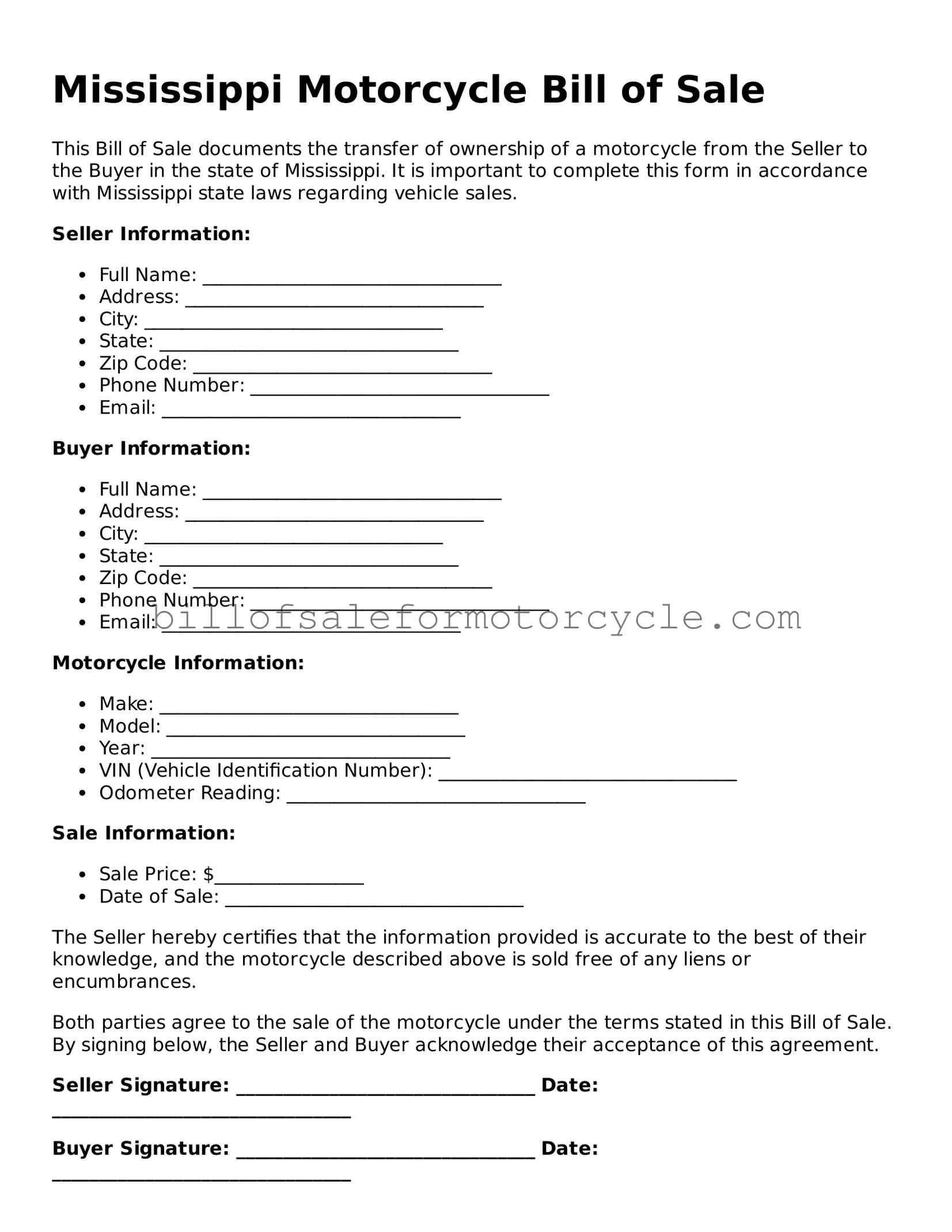 Attorney-Verified  Motorcycle Bill of Sale Template for Mississippi
