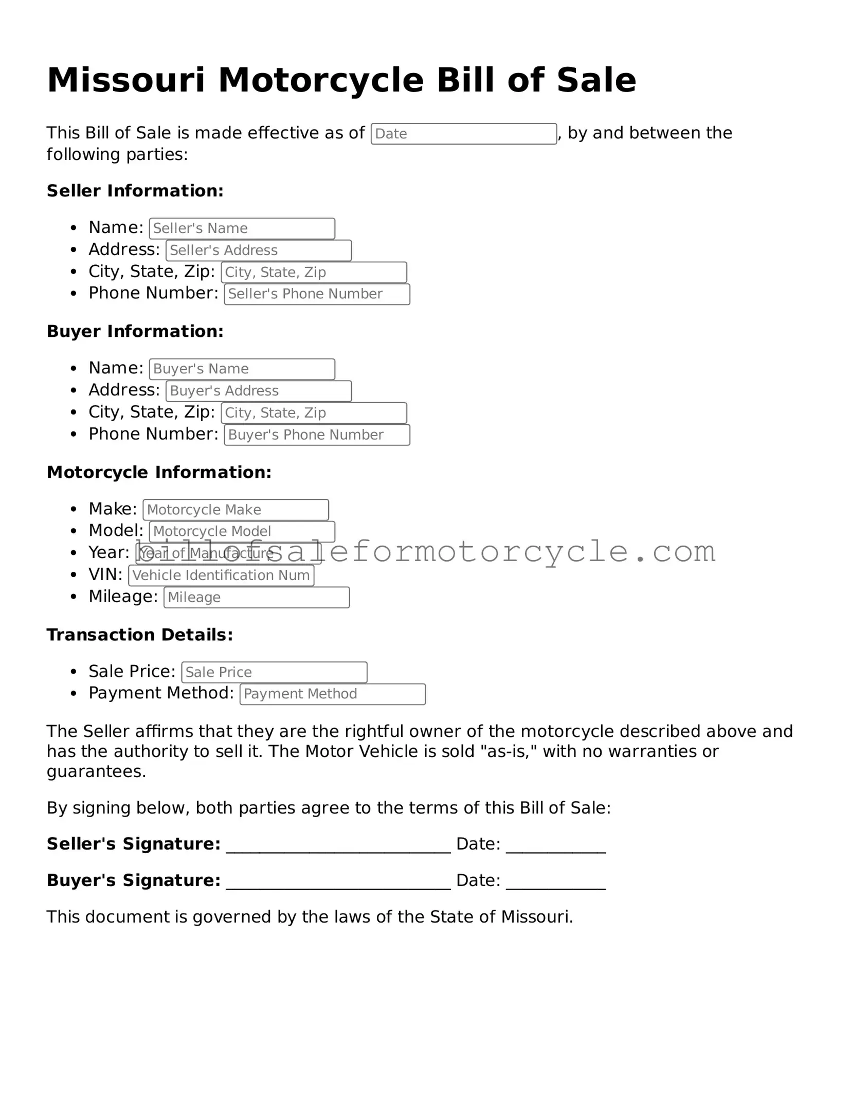 Attorney-Verified  Motorcycle Bill of Sale Template for Missouri
