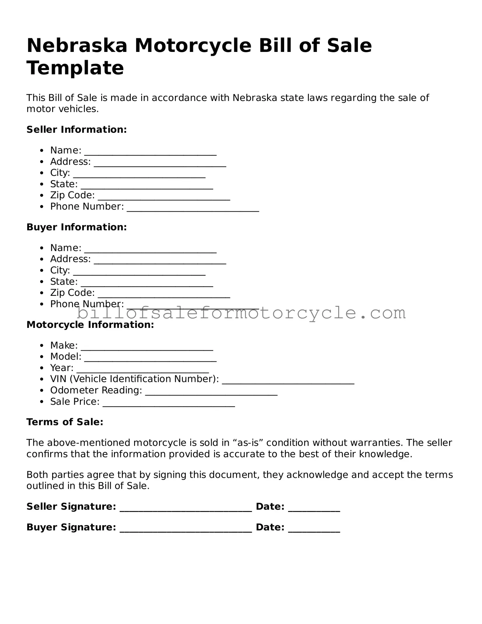 Attorney-Verified  Motorcycle Bill of Sale Template for Nebraska