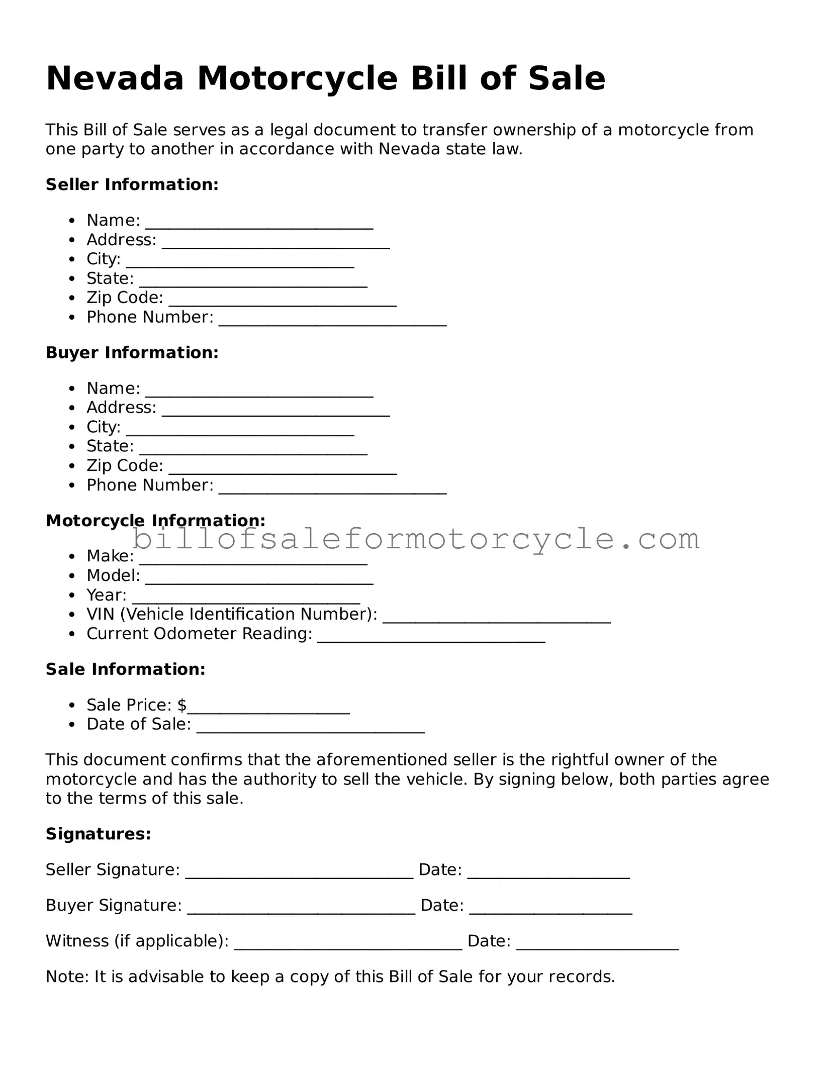 Attorney-Verified  Motorcycle Bill of Sale Template for Nevada