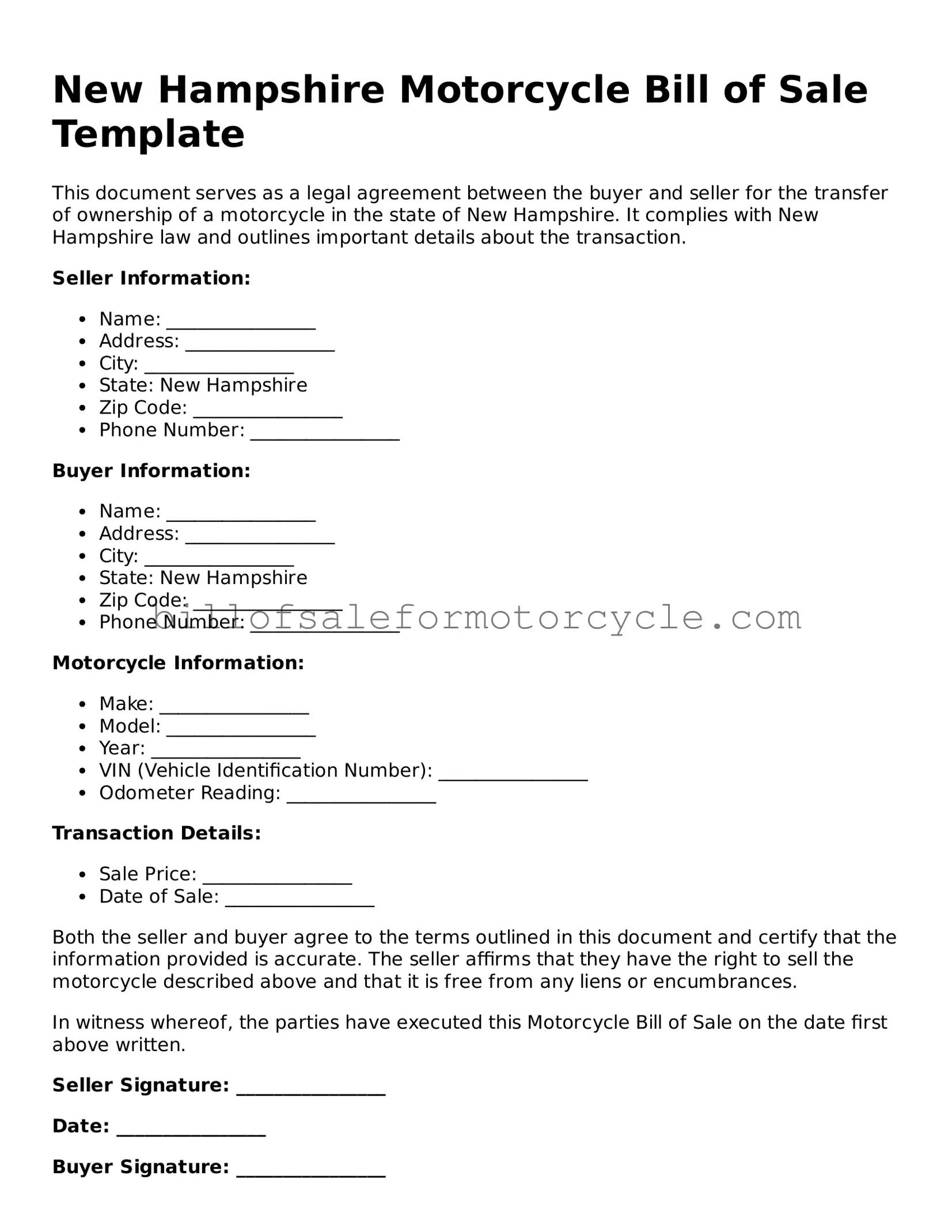 Attorney-Verified  Motorcycle Bill of Sale Template for New Hampshire