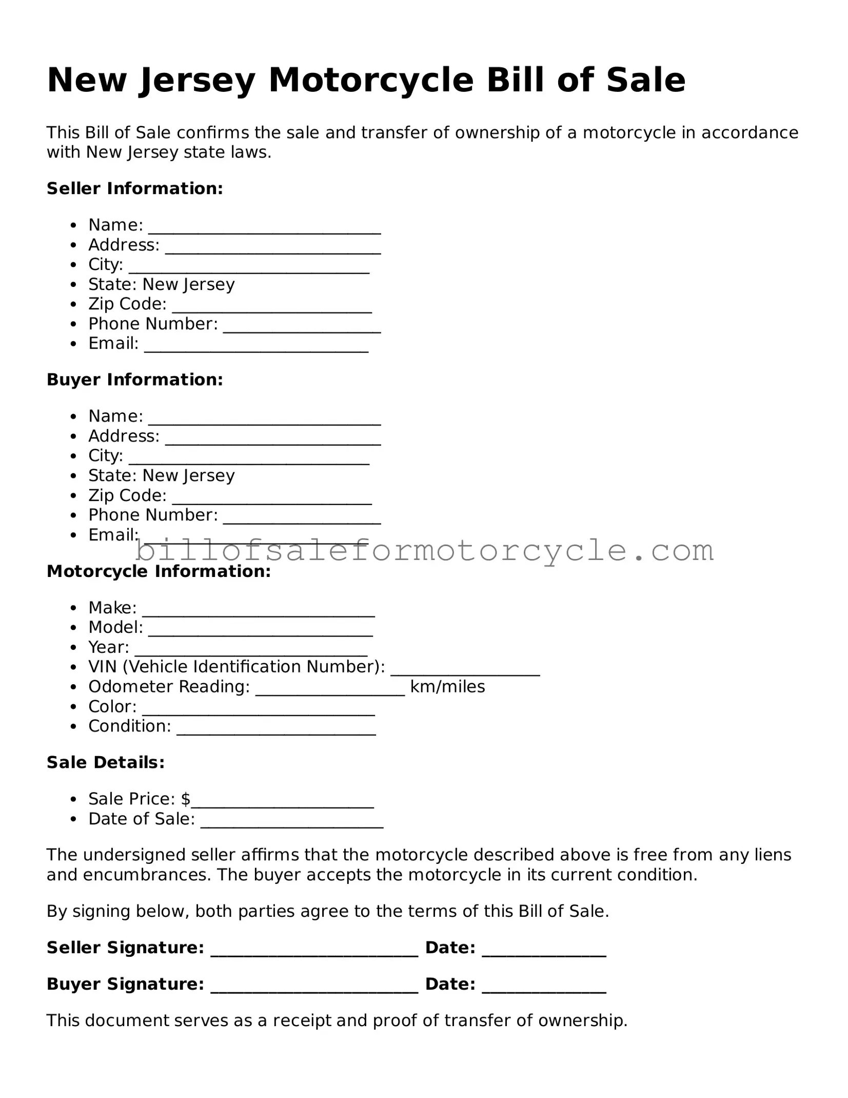 Attorney-Verified  Motorcycle Bill of Sale Template for New Jersey