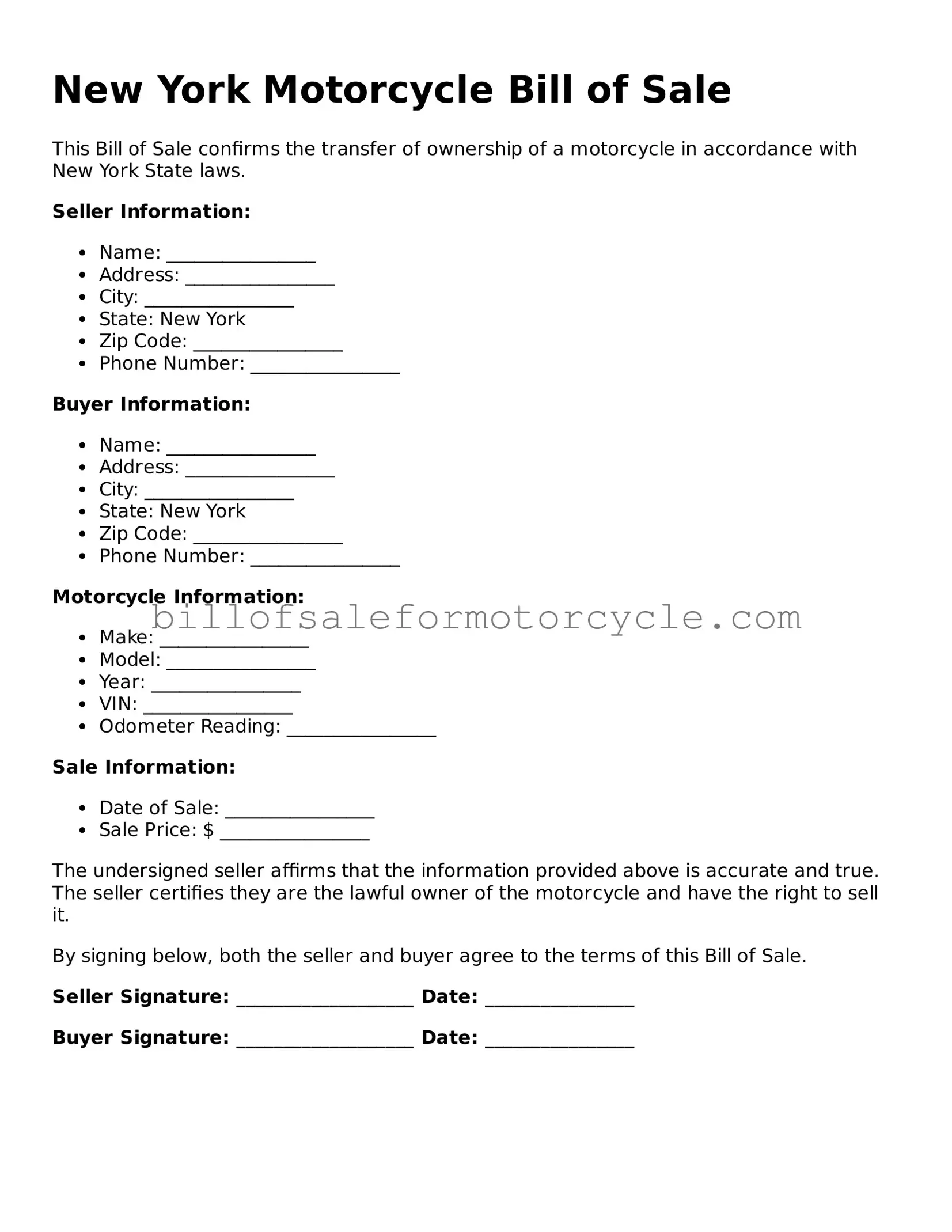 Attorney-Verified  Motorcycle Bill of Sale Template for New York