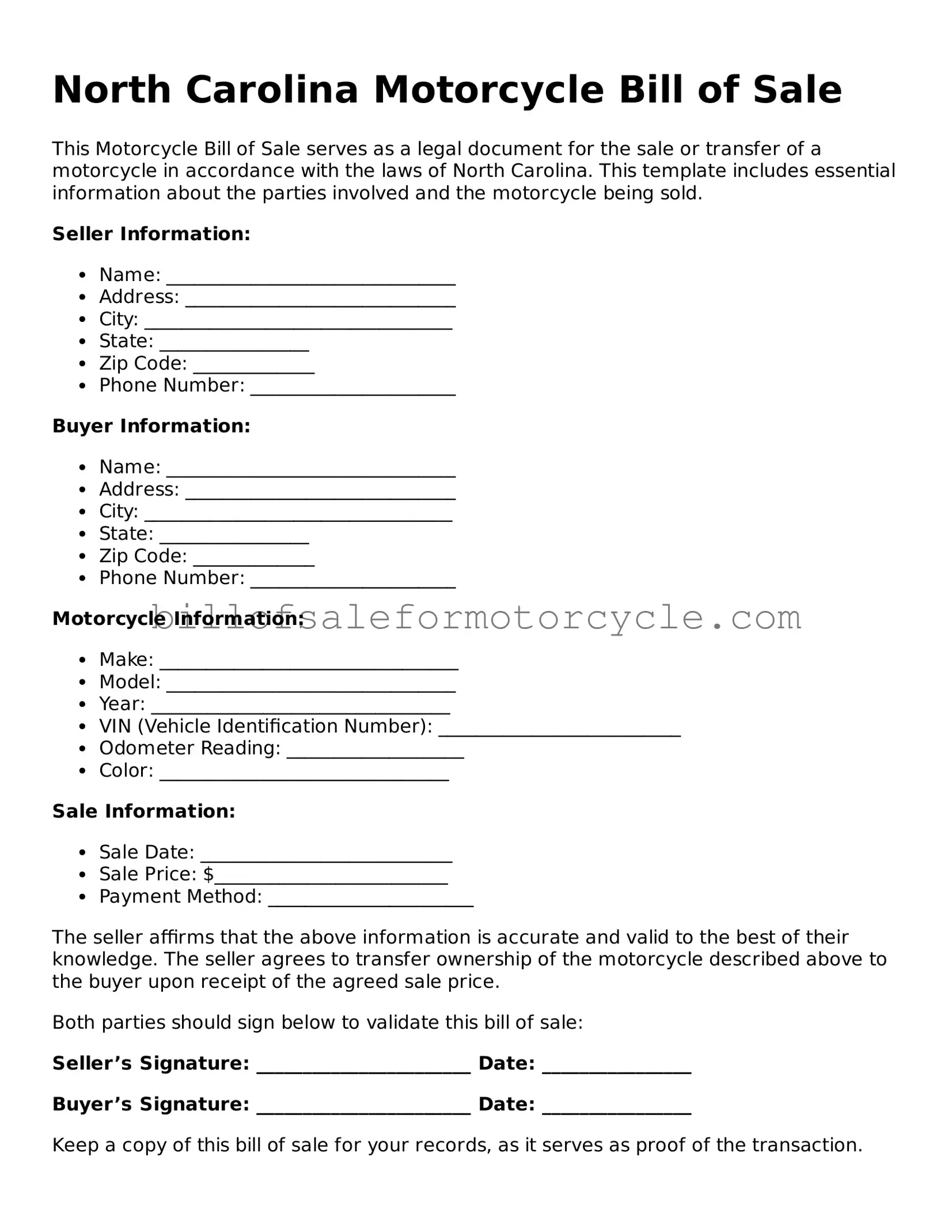 Attorney-Verified  Motorcycle Bill of Sale Template for North Carolina