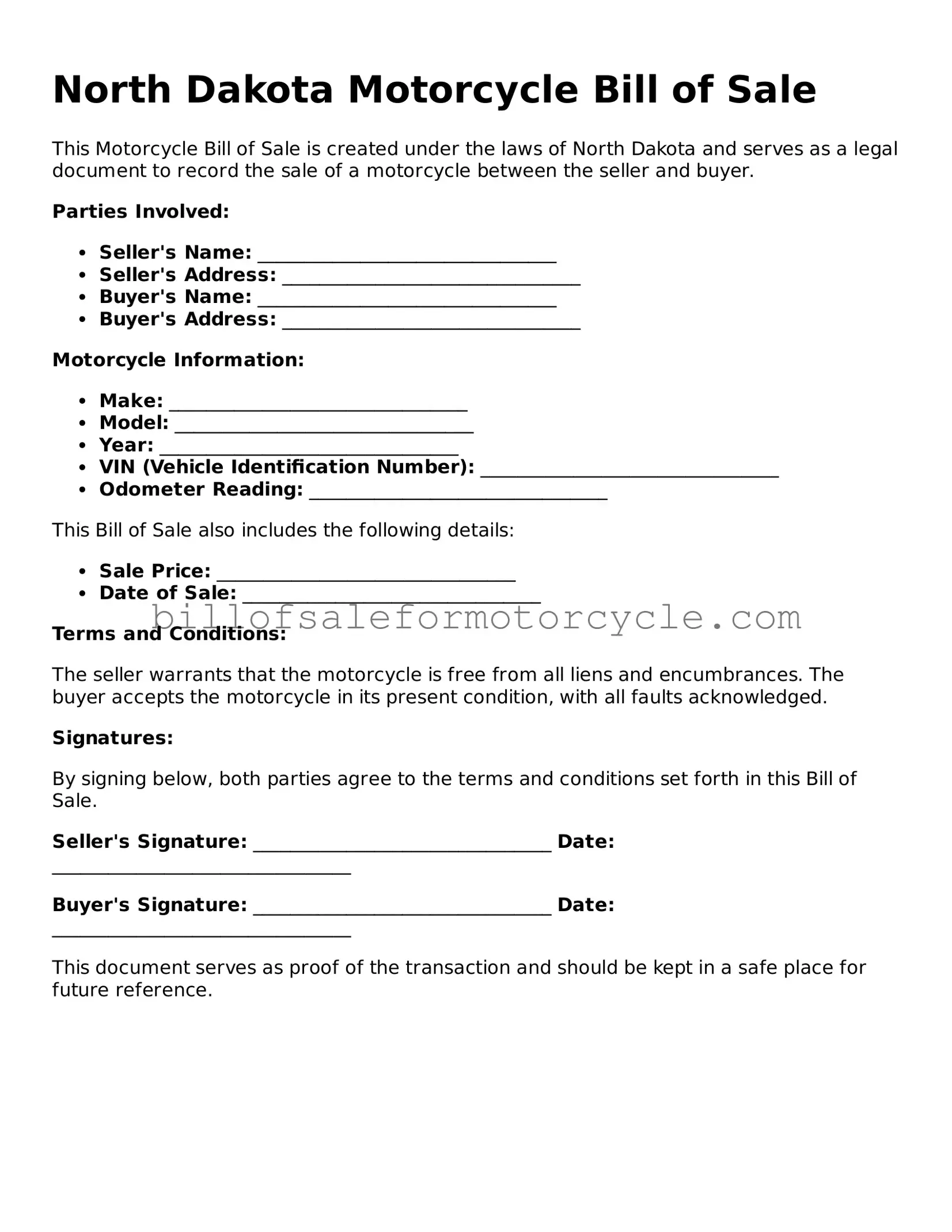 Attorney-Verified  Motorcycle Bill of Sale Template for North Dakota