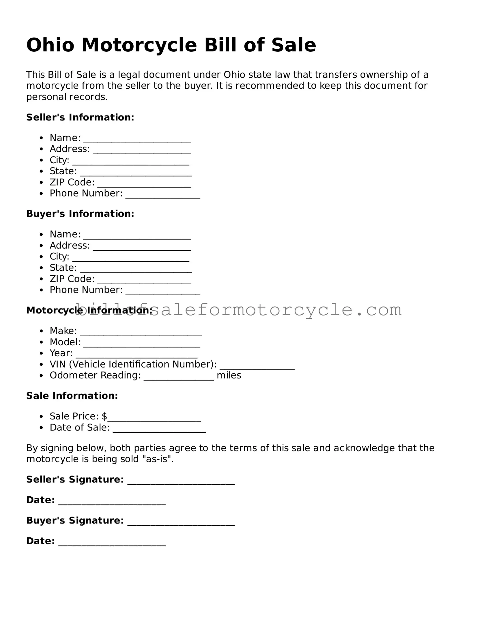 Attorney-Verified  Motorcycle Bill of Sale Template for Ohio