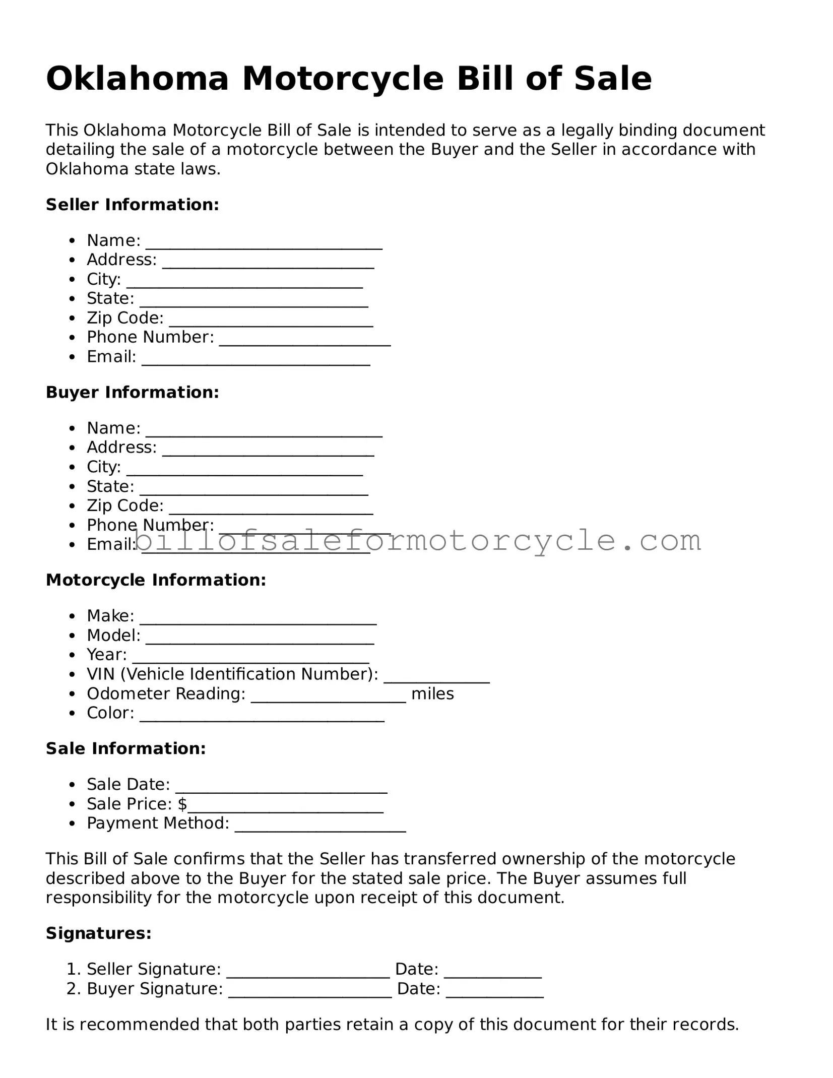 Attorney-Verified  Motorcycle Bill of Sale Template for Oklahoma