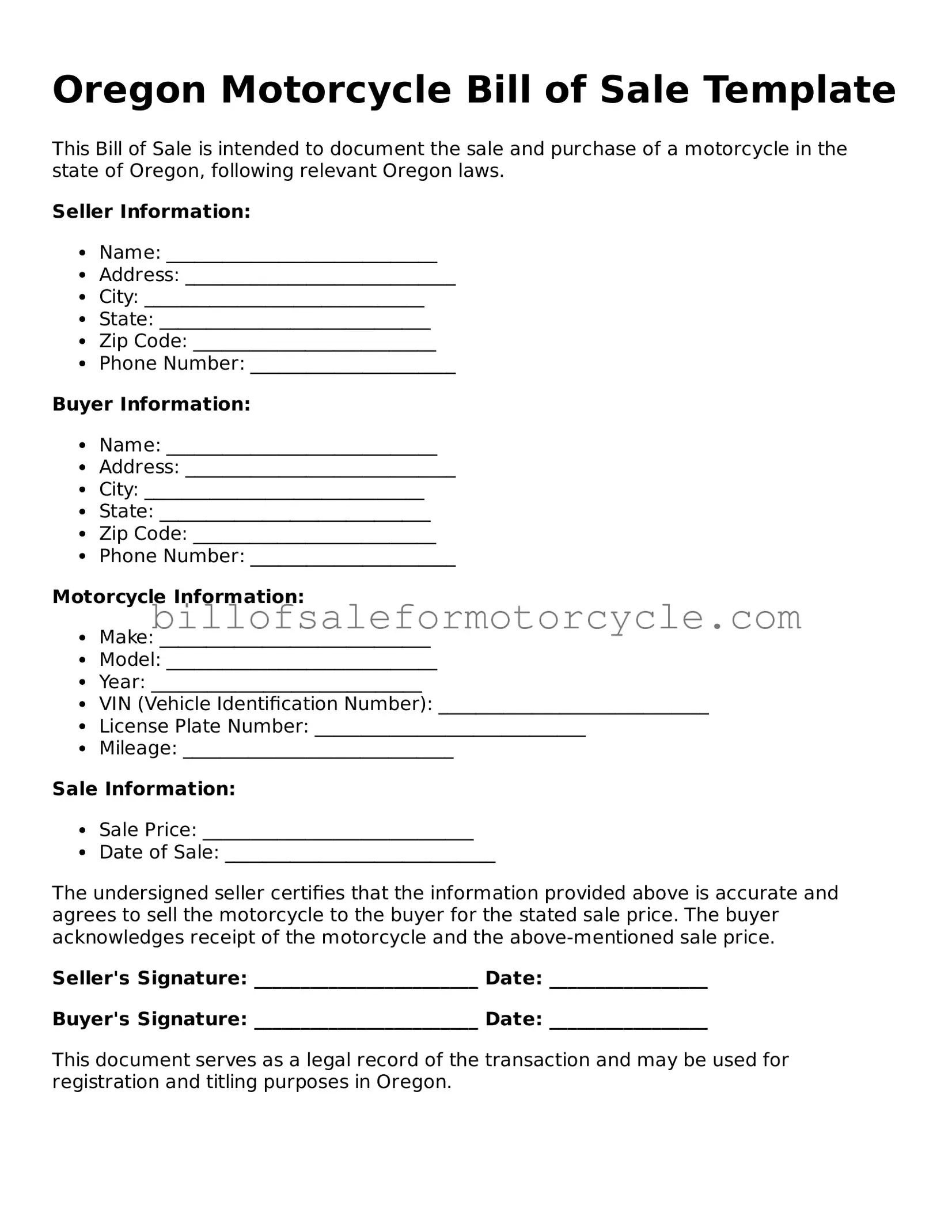 Attorney-Verified  Motorcycle Bill of Sale Template for Oregon