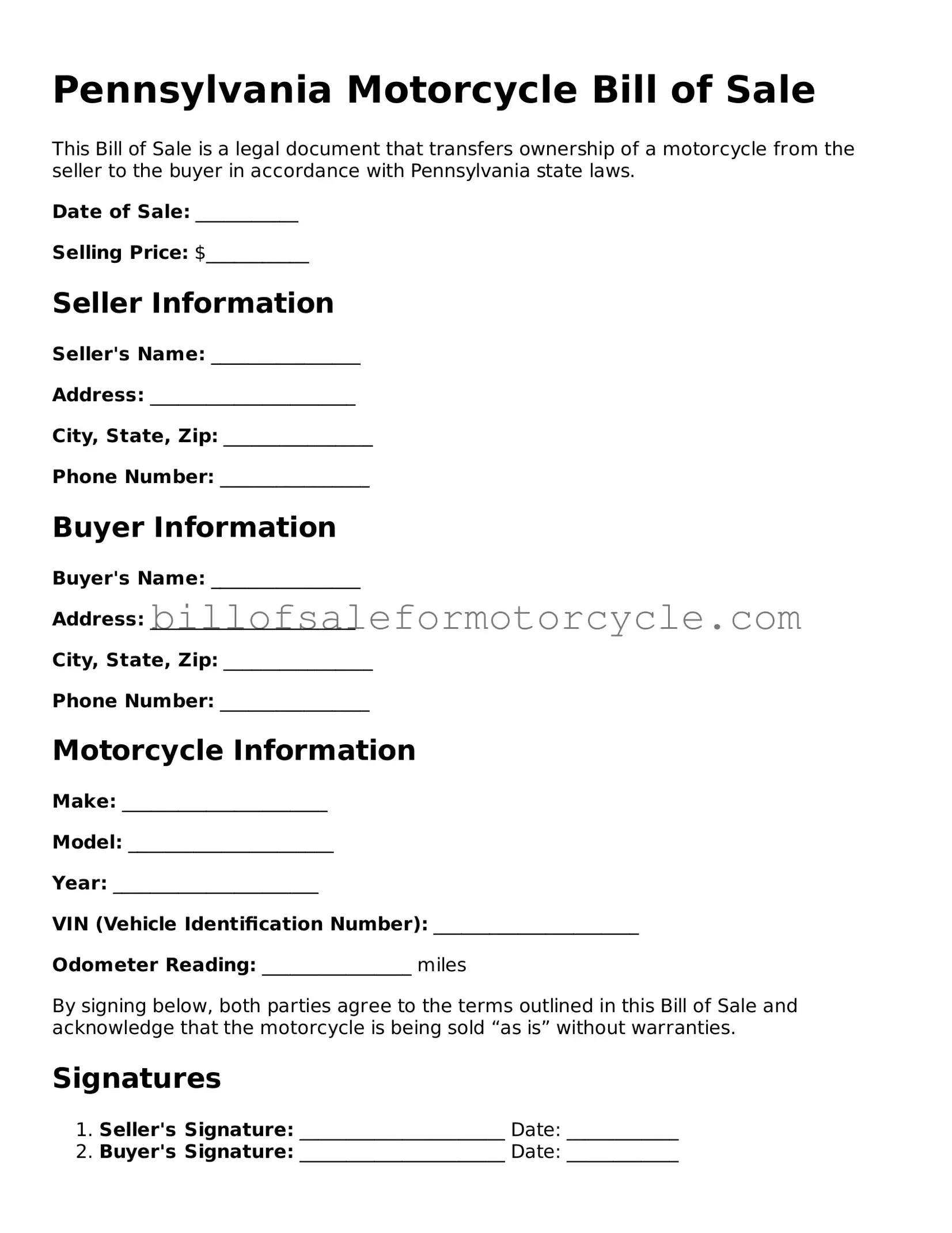 Attorney-Verified  Motorcycle Bill of Sale Template for Pennsylvania