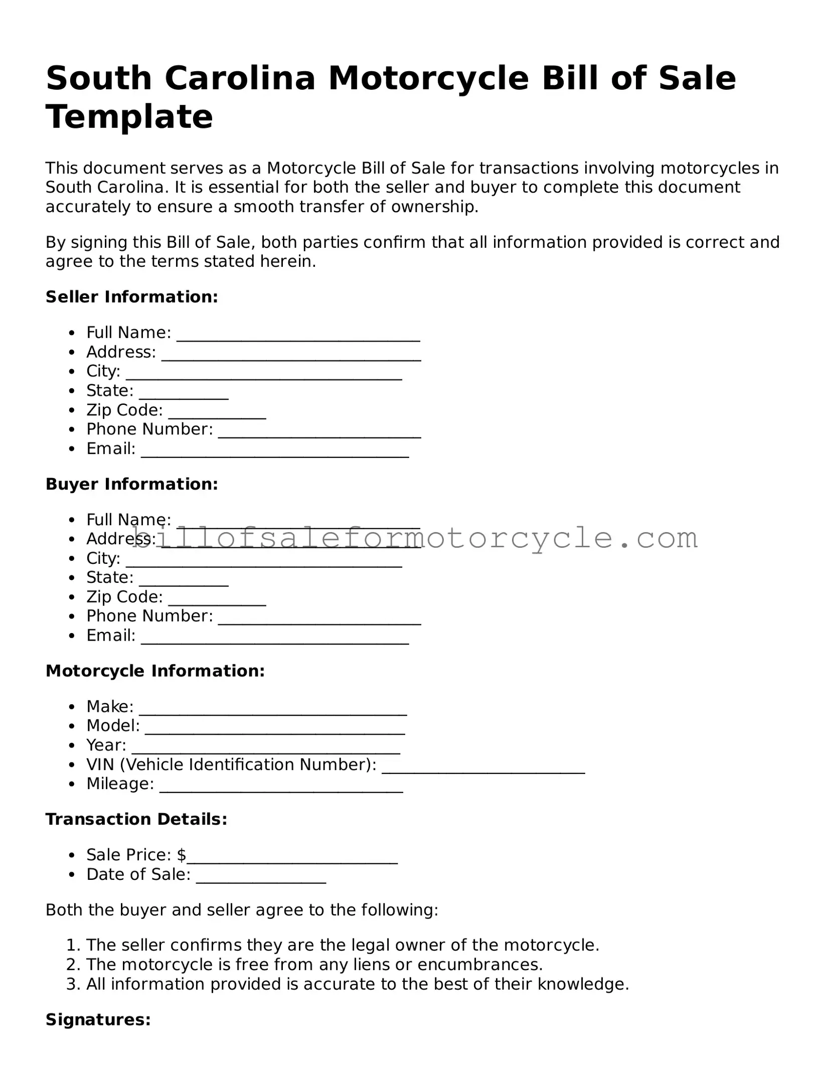 Attorney-Verified  Motorcycle Bill of Sale Template for South Carolina
