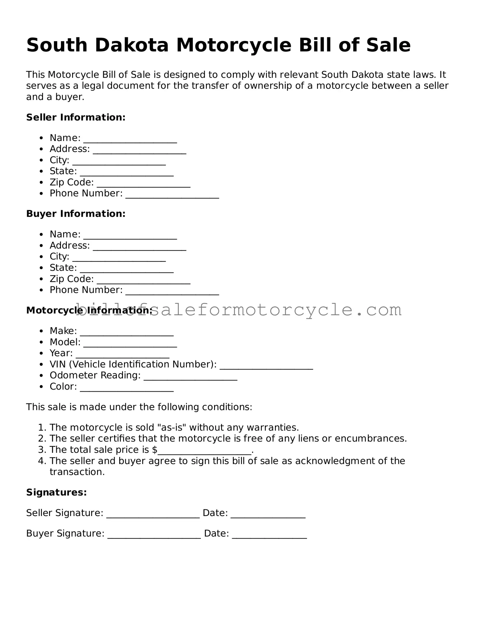 Attorney-Verified  Motorcycle Bill of Sale Template for South Dakota