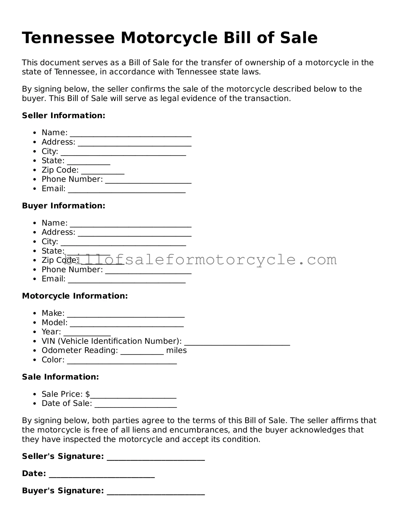 Attorney-Verified  Motorcycle Bill of Sale Template for Tennessee