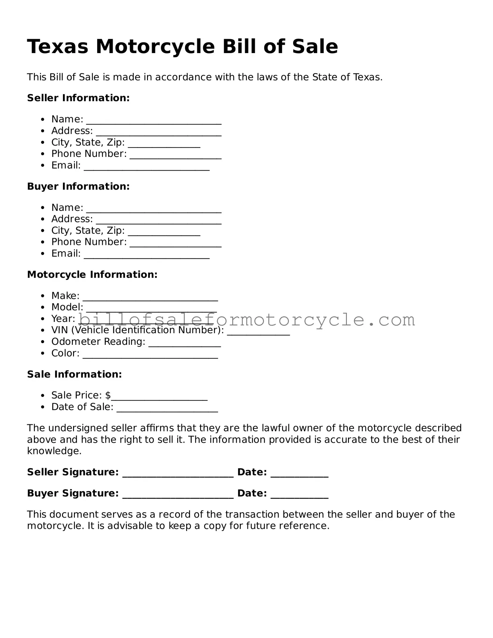 Attorney-Verified  Motorcycle Bill of Sale Template for Texas