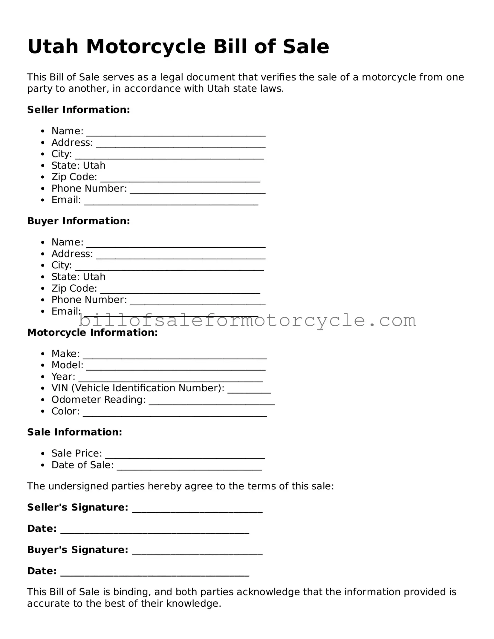 Attorney-Verified  Motorcycle Bill of Sale Template for Utah
