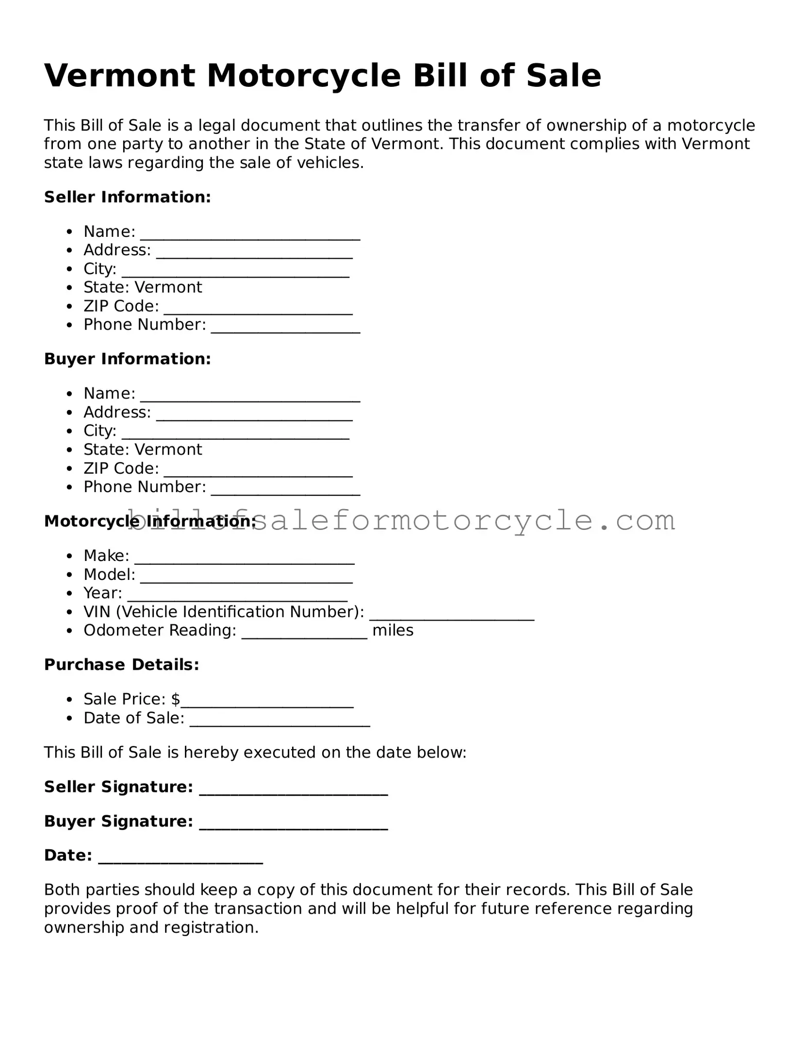 Attorney-Verified  Motorcycle Bill of Sale Template for Vermont