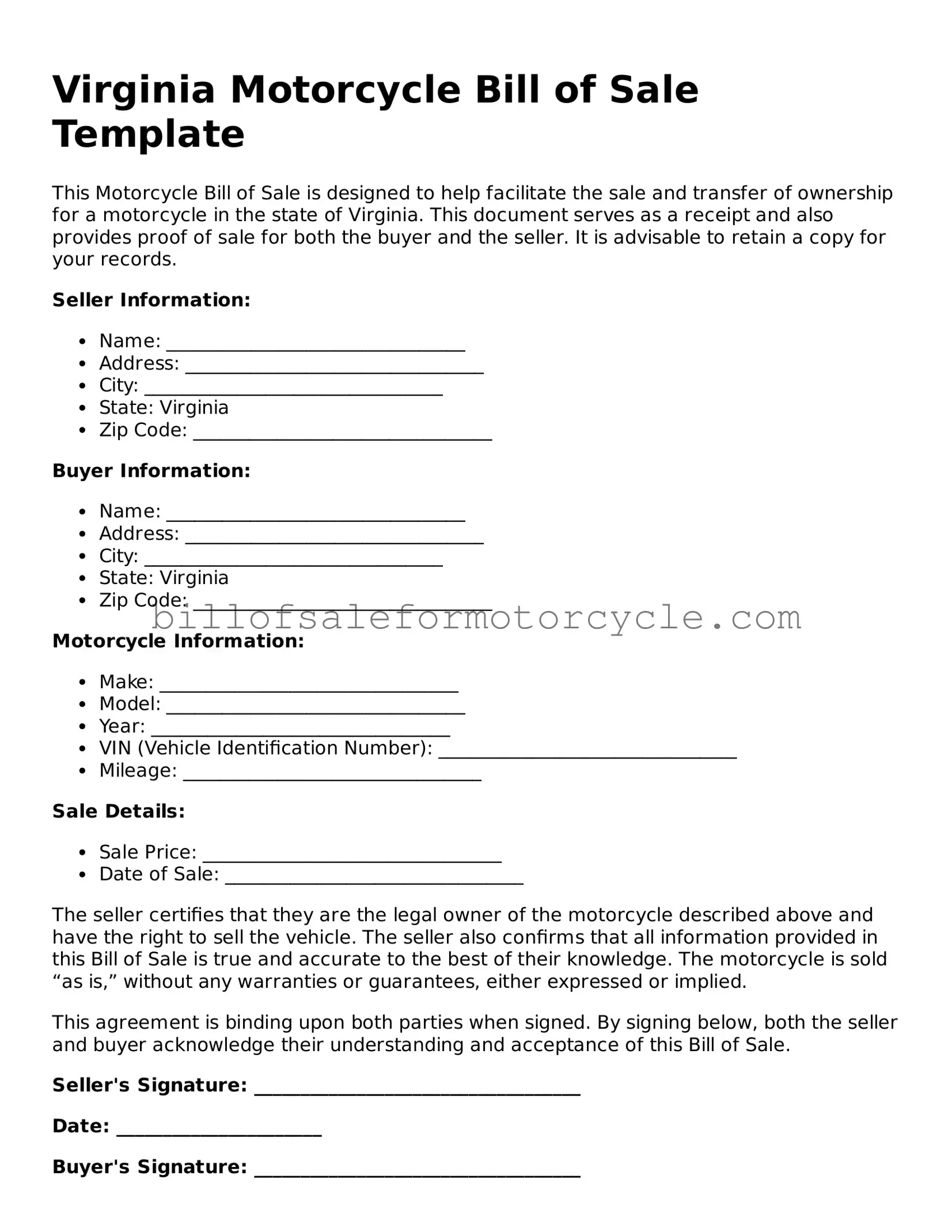 Attorney-Verified  Motorcycle Bill of Sale Template for Virginia
