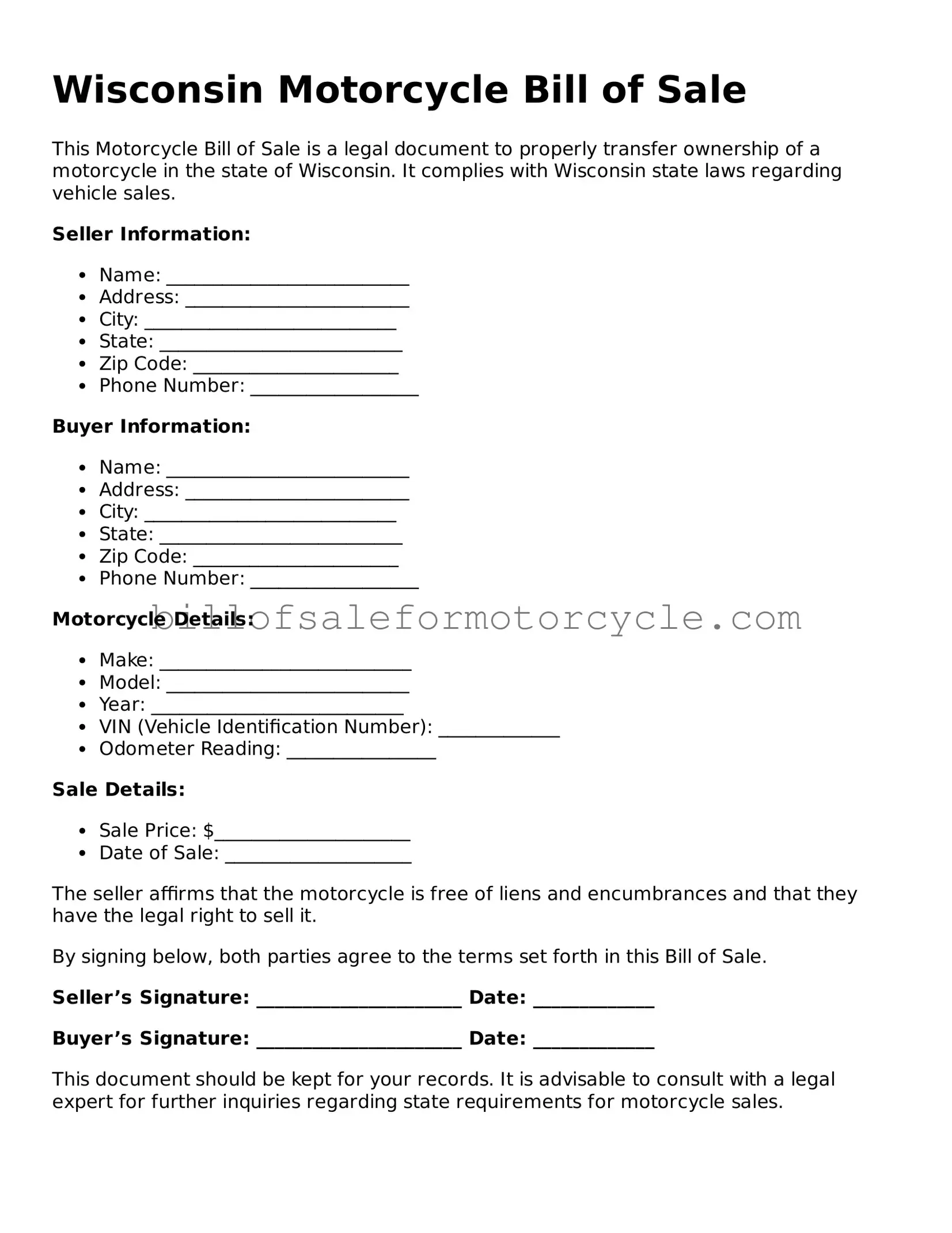 Attorney-Verified  Motorcycle Bill of Sale Template for Wisconsin