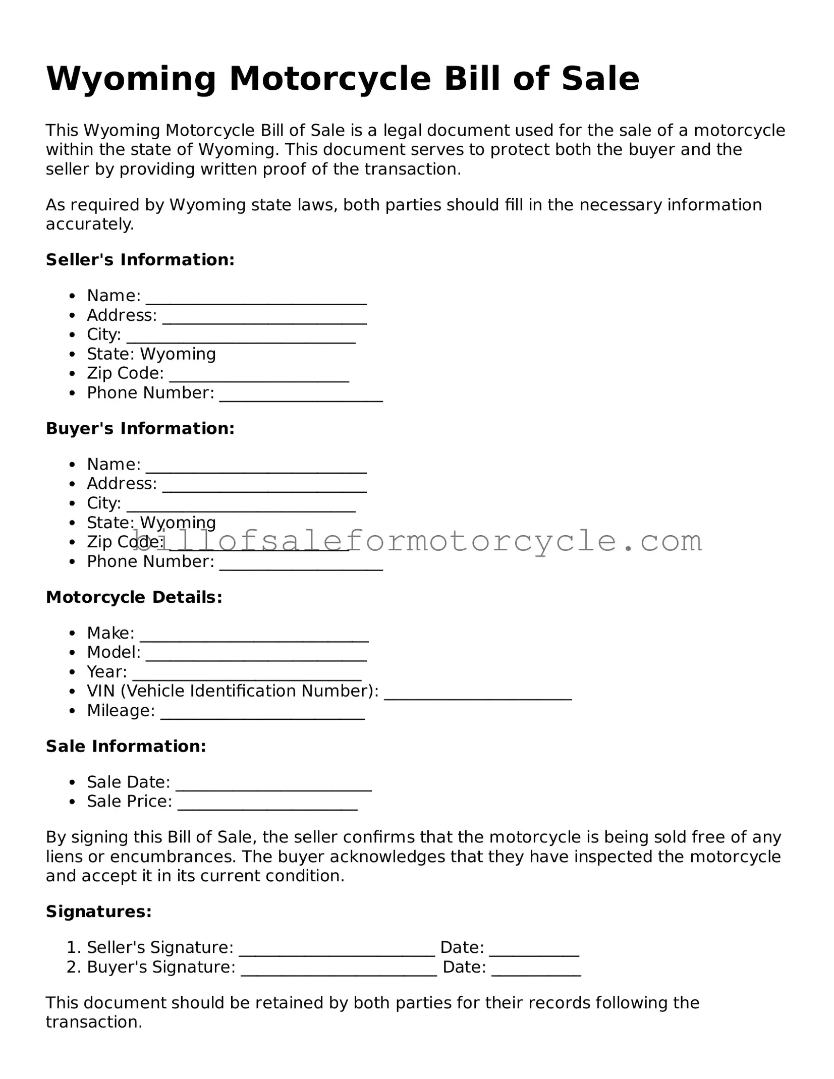 Attorney-Verified  Motorcycle Bill of Sale Template for Wyoming